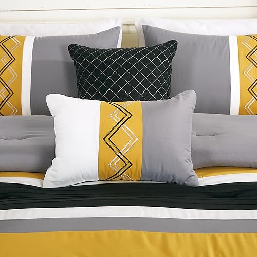 Miniatura 5 de Chezmoi Collection Arden - Juego de edredón moderno de 7 piezas con diseño de rayas plisadas bordadas en zigzag (tamaño King, cúrcumanegrogris