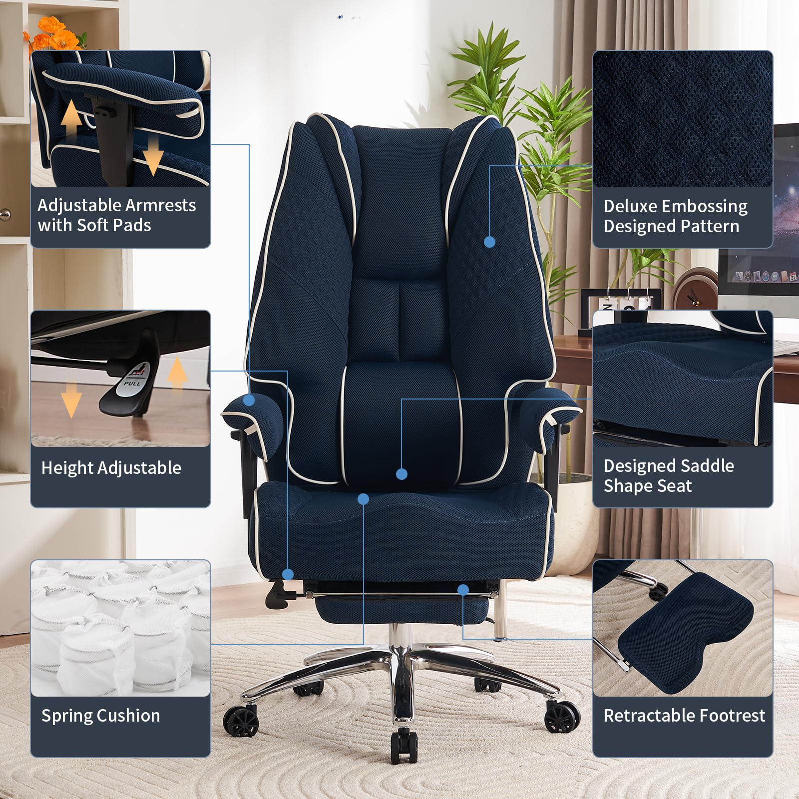 EXCEBET Silla de oficina ergonómica de malla con reposapiés, silla de escritorio giratoria ejecutiva de respaldo alto con reposabrazos ajustables, respaldo transpirable, para el hogar y la oficina