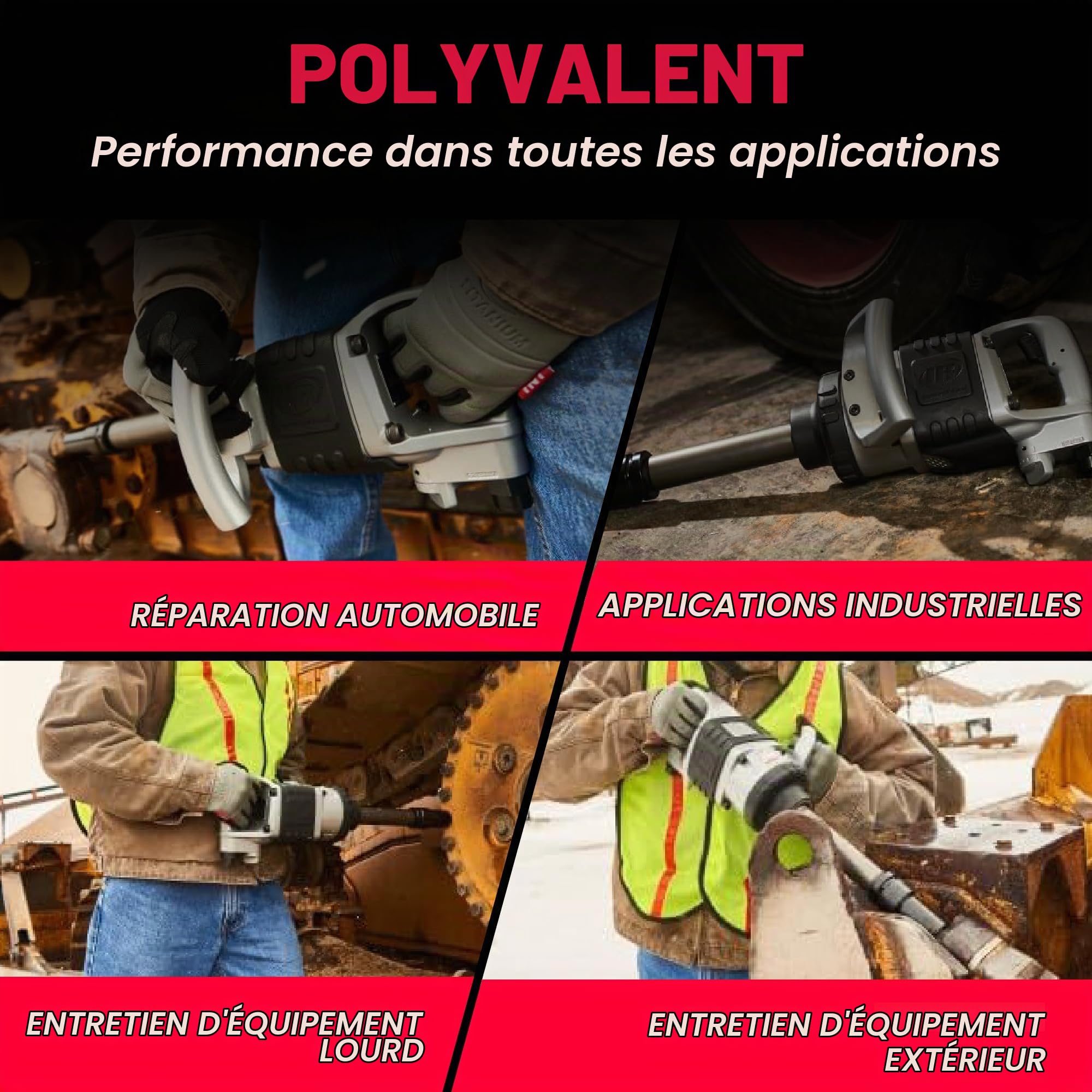 Ingersoll-Rand Clé à Chocs Pneumatique 285B-6, Clé de 1", Couple de Sortie pour Usage Intensif, Longue Broche de 6", 2 Poignées, Haute Précision, Gris