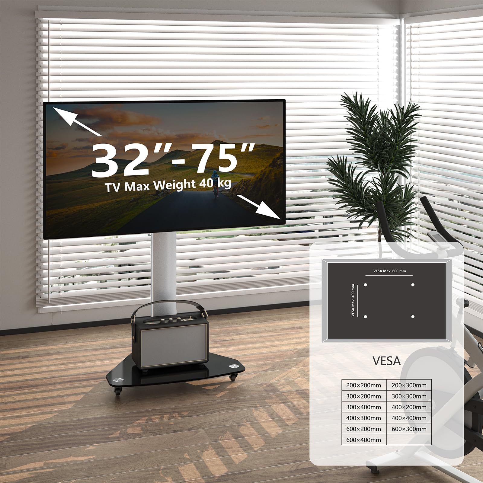 Proton 100 mobiler TV Ständer, rotierbar, Steckdosen, USB-Ports, Höhe VESA 135cm, Hoch- Querformat 32-75 Zoll 40 kg Alu Schwarz
