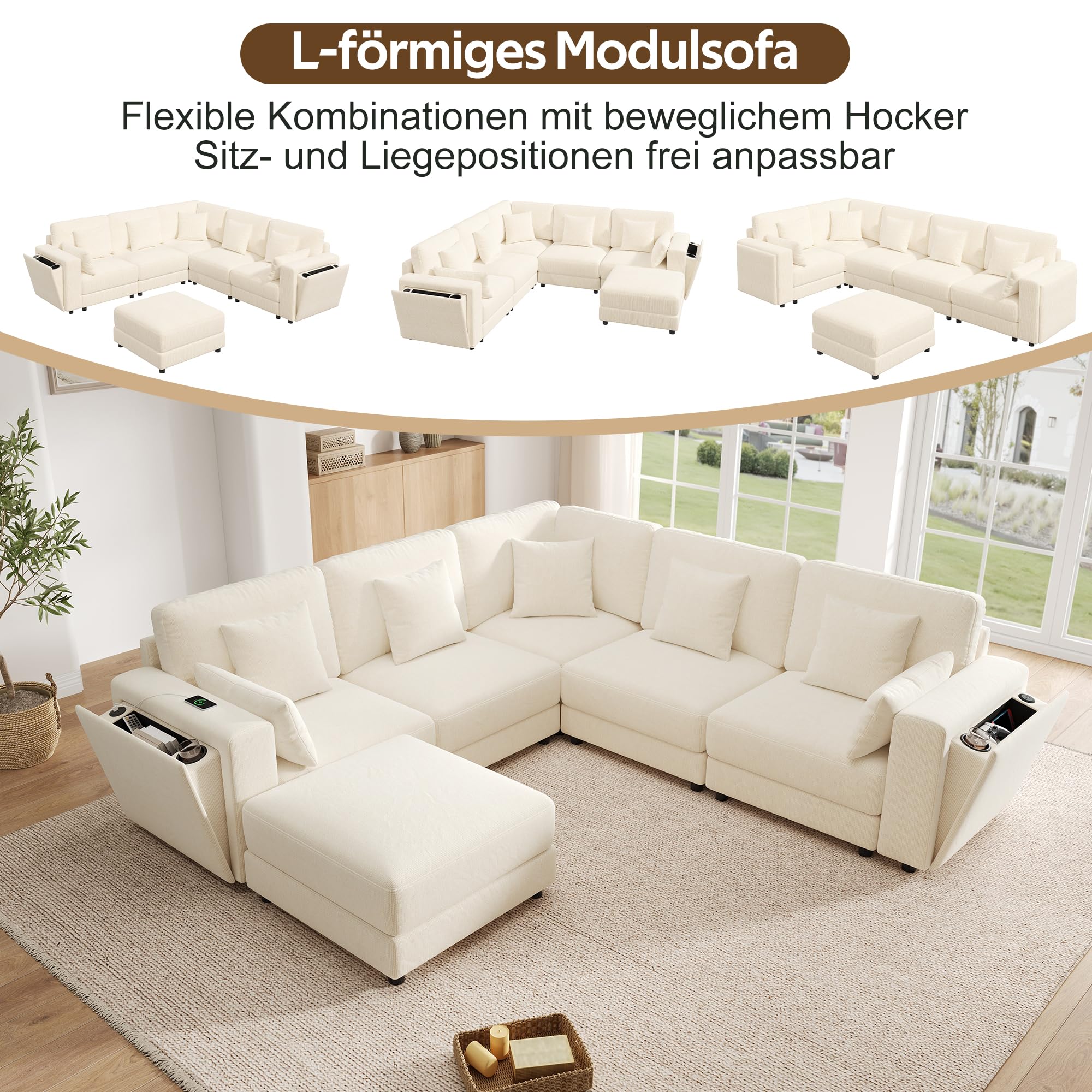 BTM Eckcouch L-Form mit Stauraum, Ladestation & Hocker, XXL Modulares Sofa Wohnzimmer Wohnlandschaft U-Form Beige