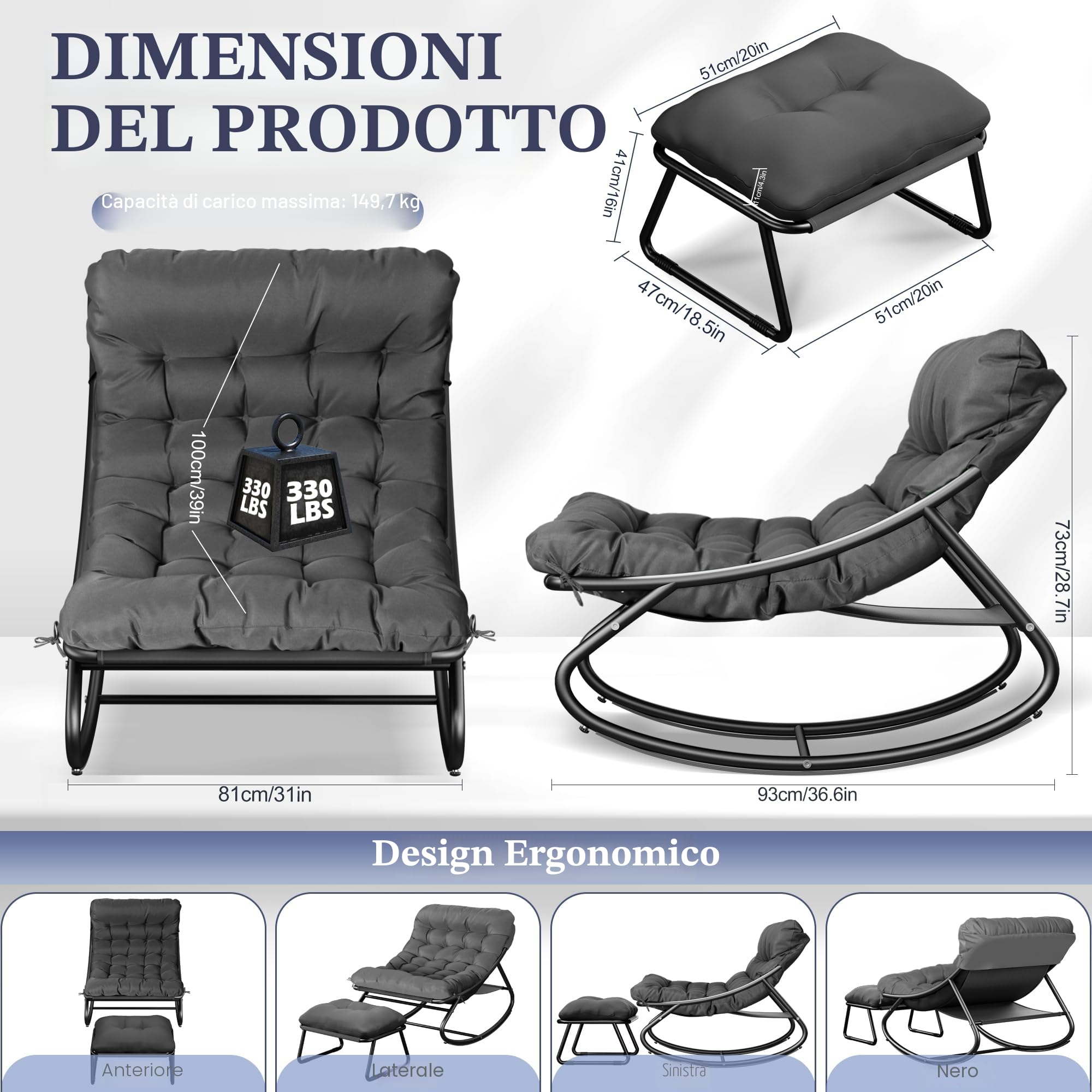 Sedia a Dondolo da Esterno Poltrona a Dondolo da Lettura con Poggiapiedi Poltrona Salotto con Cuscino Imbottito, Portata 150 kg, per Salotto Terrazza Camera