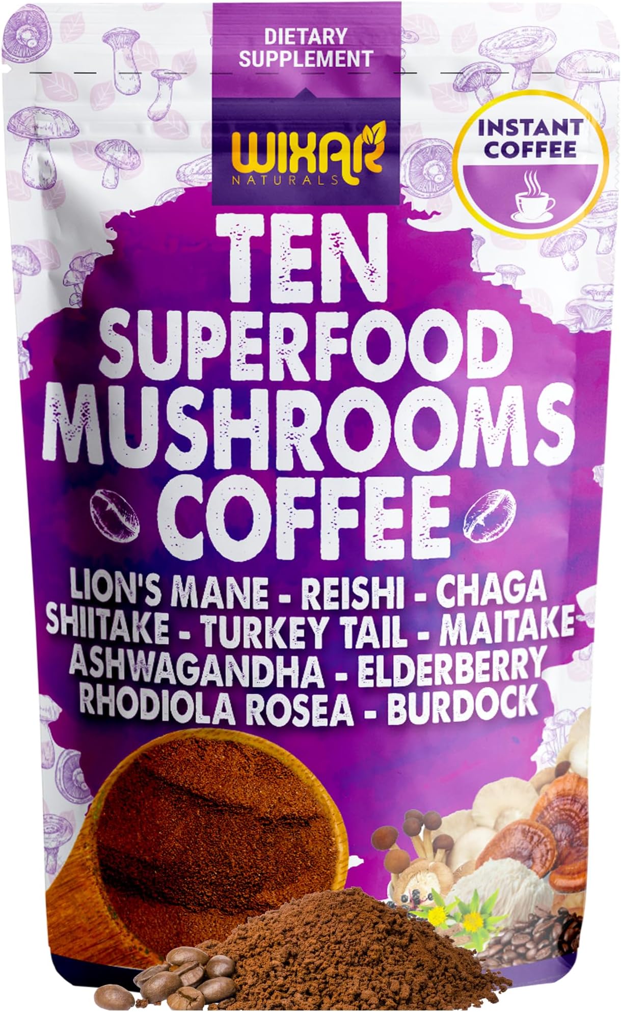 WIXAR Superfood Mushroom Coffee - Instant Coffee Powder, Ten Superfood Extracts with Lion's Mane, Turkey Tail, Reishi, Chaga, Shiitake, Ashwagandha, Rhodiola Rosea, Elderberry, 5oz Mushroom Supplement