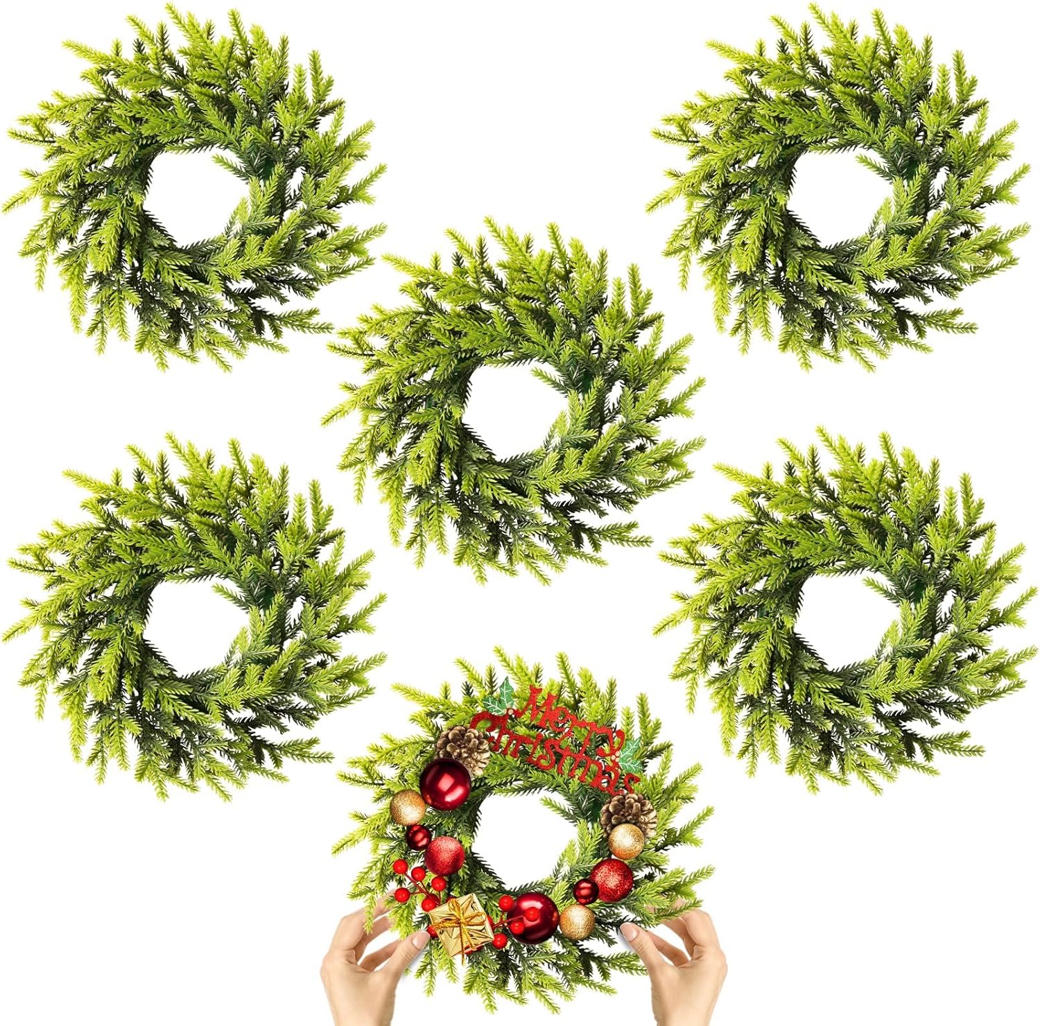 6 Pcs DIY Christmas Green Artificial Wreaths - Plain Faux Wreaths for Front Door, Indoor/Outdoor Wall Decor (Pine Needle) 6 Pine Needle