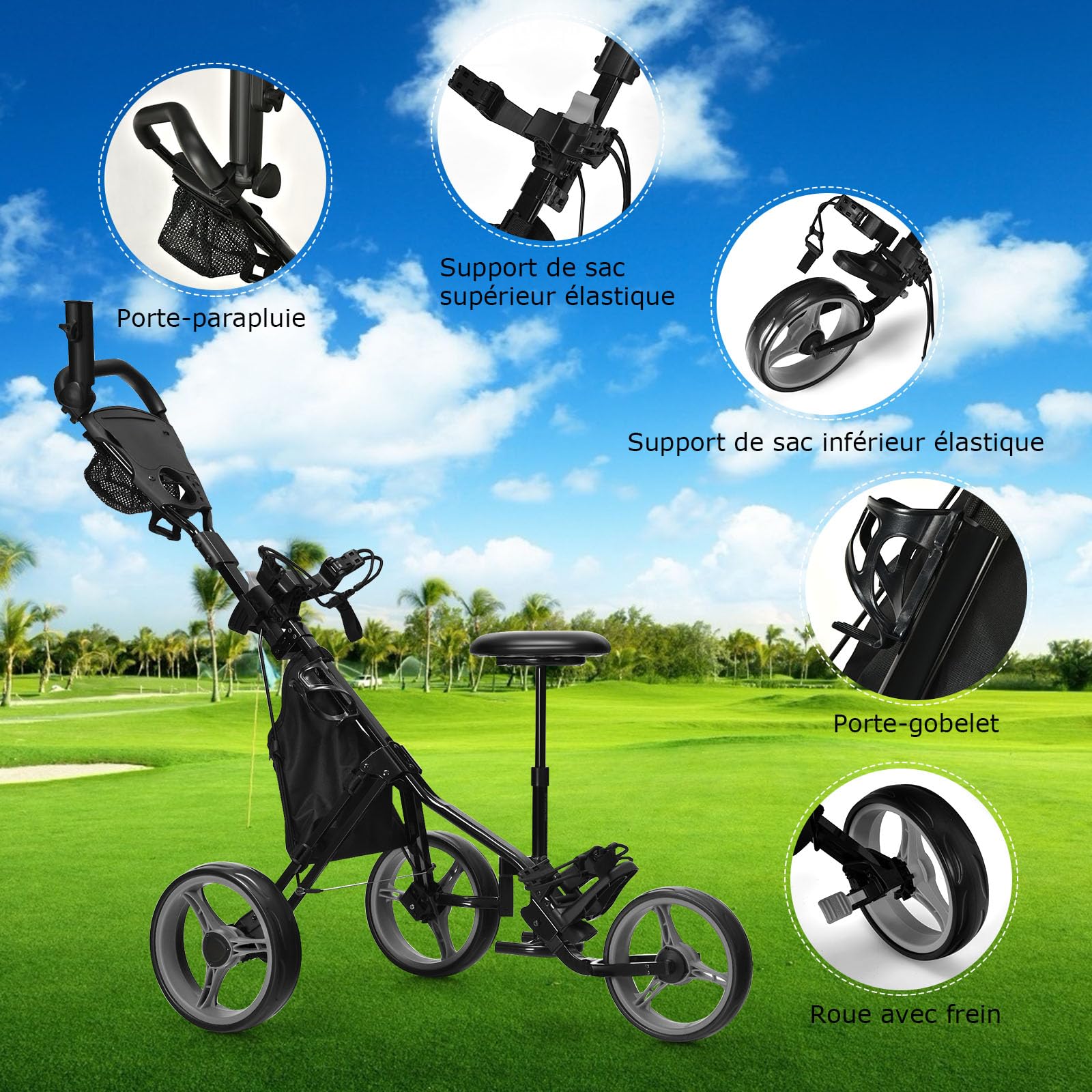 GOPLUS Chariot de Golf à 3 Roues,Voiturettes Golf à 3 Roues Pliable, Pousser Tirer Deluxe, Chariot de Golf Manuel, Ouverture Facile, 130x75x98,5-115,5cm