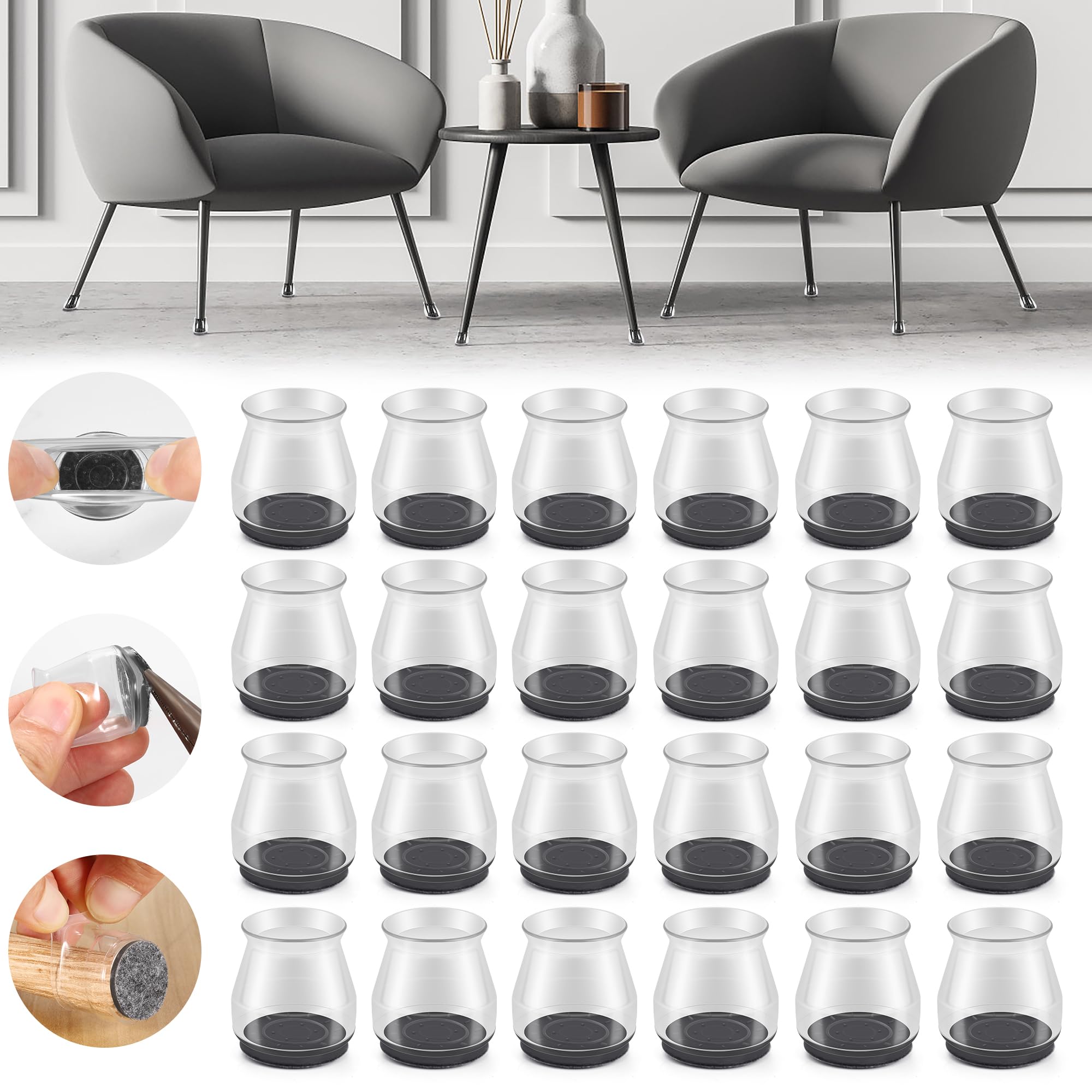 24PCS Upgraded Silicone Chair Leg Floor Protectors for Hardwood Floors, Furniture Sliders for Chair Legs, Felt Bottom Furniture Pads, Anti-Slip Round&Square Cap Covers to Scratch and Reduce Noise