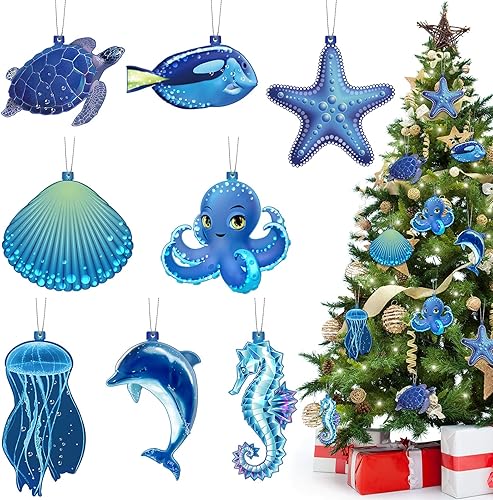 32 adornos de madera de verano para colgar con temática oceánica, estrellas de mar, tortugas marinas, medusas y conchas marinas, adornos colgantes