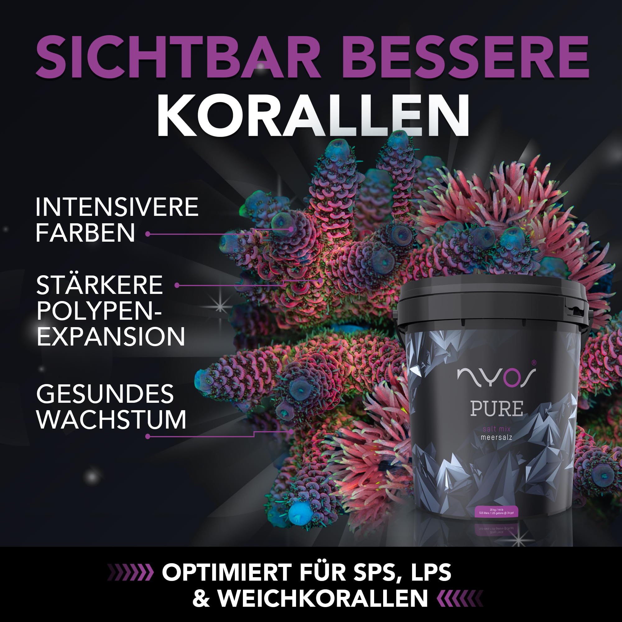 NYOS Pure Meersalz für Meerwasseraquarien - Fördert Korallenfarbe & Wachstum, Schnell löslich, ICP-geprüft, Natürliche Reinheit, 20kg Eimer