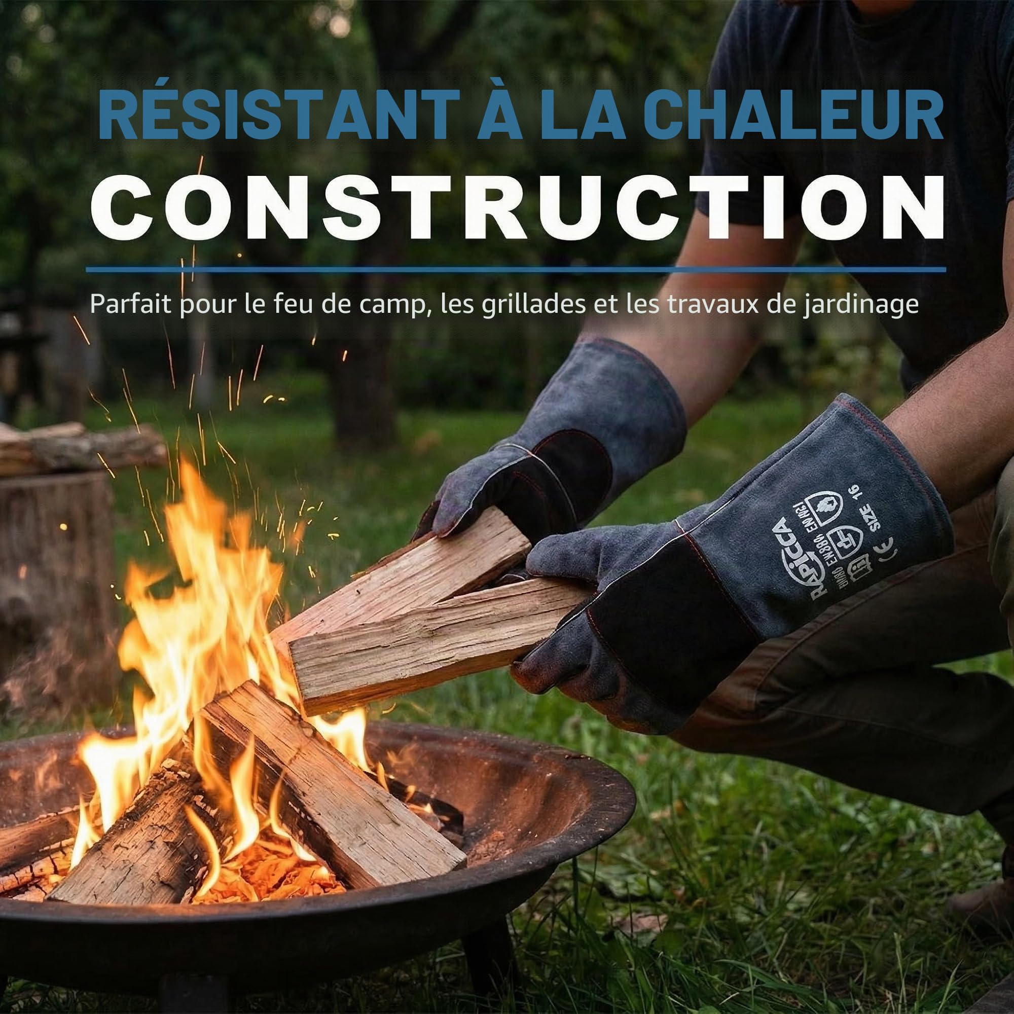 RAPICCA Gants de Soudage en Cuir Résistant à la Chaleur/au feu pour Bâton, Mig, Tig, Forge, Barbecue, Gril, Cheminée, Poêle à bois, four,Marmite