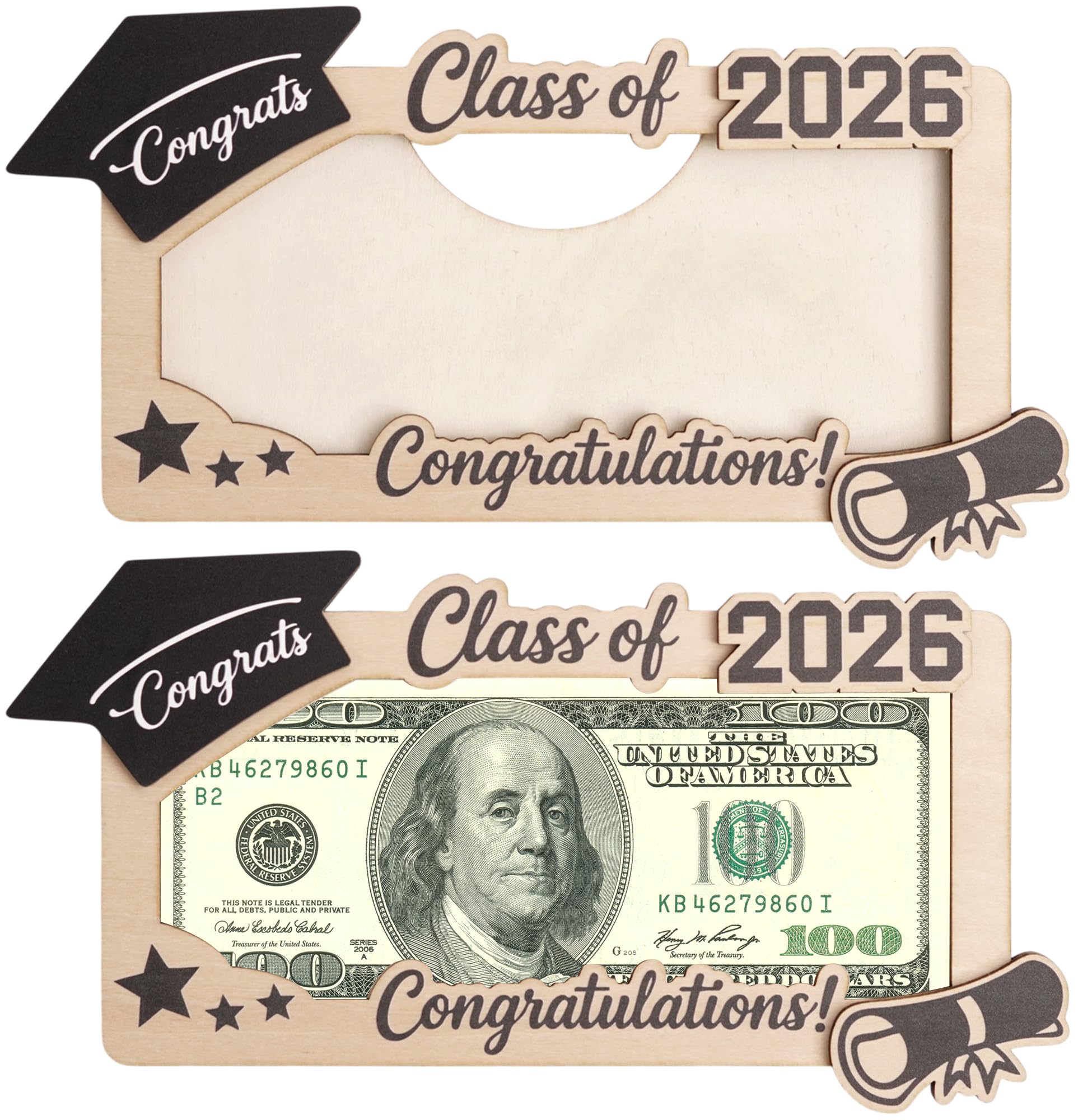 Soporte de madera para dinero de graduación 2026 y caja de tarjetas