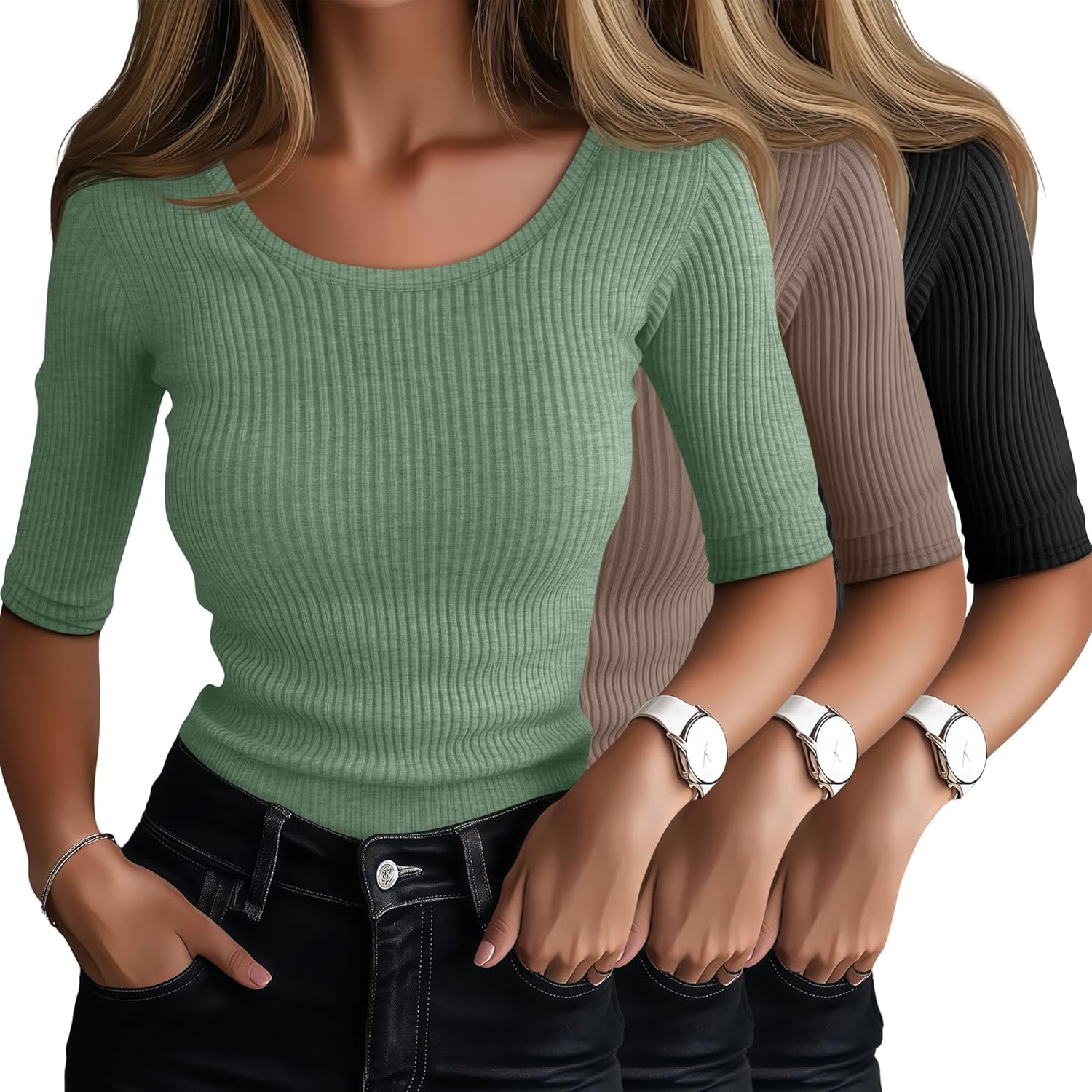 Ficerd 3 Pack Elbow Length Shirts for Women Half 1/2 Sleeve Tops Scoop Neck Ribbed Slim Fit Basic Tee 2025 Summer Trendy