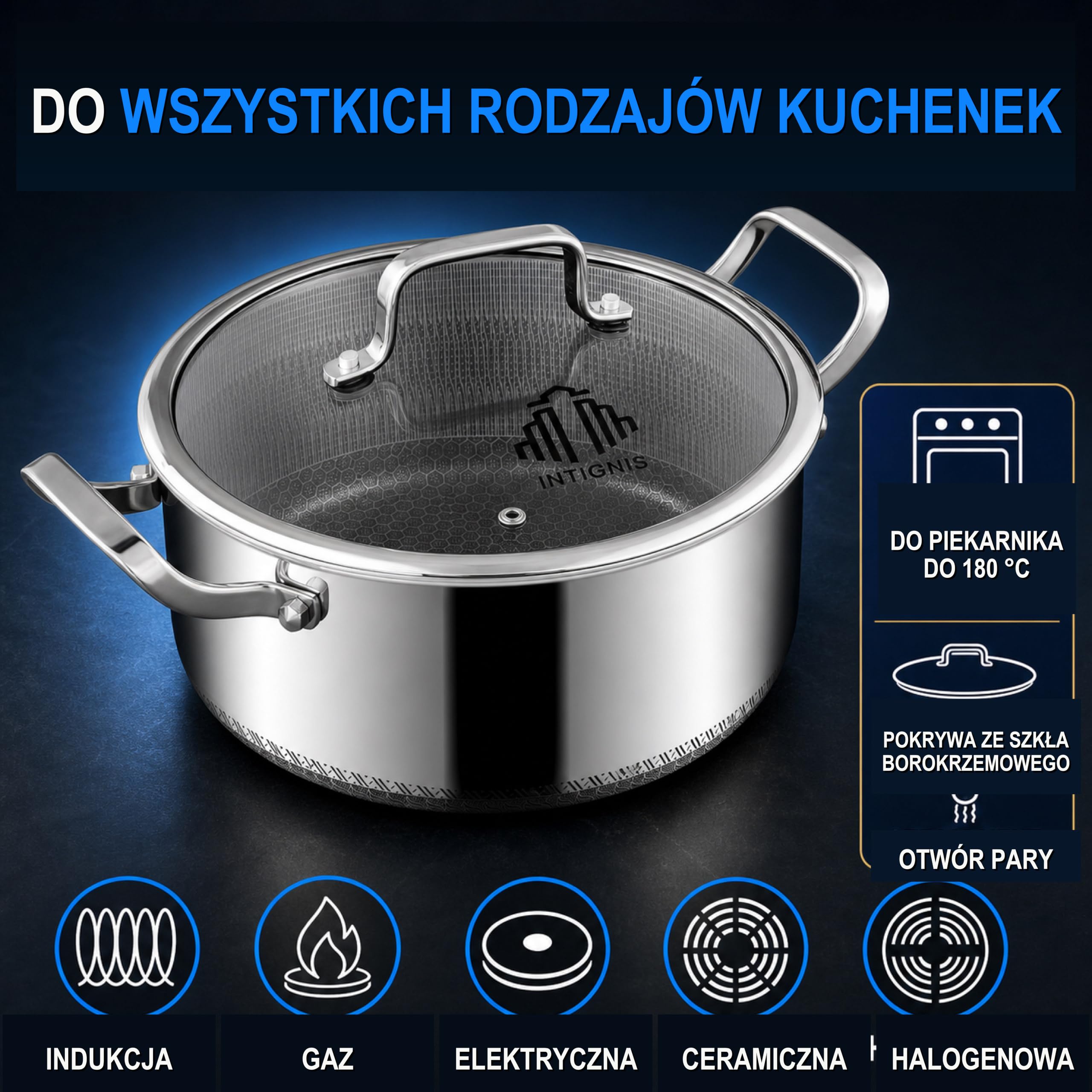 INTIGNIS Trójwarstwowy garnek ze stali nierdzewnej, 24 cm, 5 l, hybrydowa, nieprzywierająca, indukcyjna i kuchenna, nadaje się do piekarnika, ze szklaną pokrywką, gruba podstawa bez PFOA, naczynia