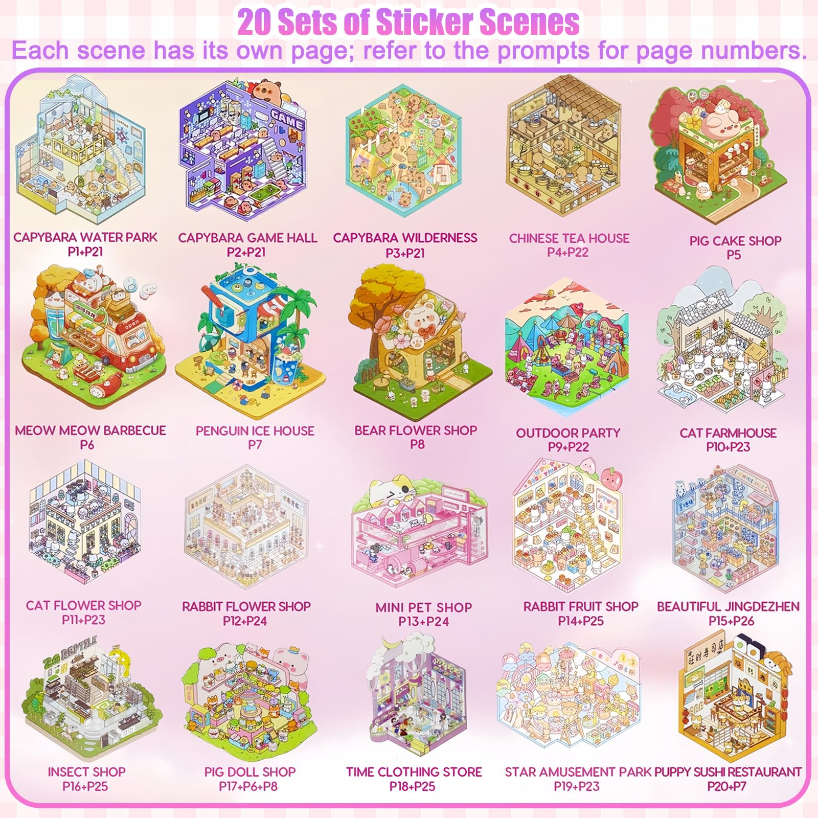 Vspek Creative Scene Sticker Book, 20 Sets DIY 3D House Stickers Kit, Panda Capybara Stickers Stress Relief, Miniature Scene Sticker Therapy, 2 Pink Tweezers, Christmas Halloween Gifts for Adults - Image 2