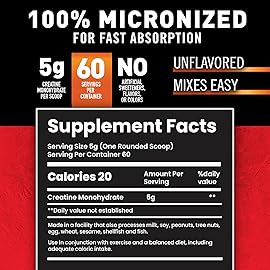 Body Fortress 100% Creatine Monohydrate Powder - Unflavored Micronized Creatine Supplement for Muscle Growth, Strength & Recovery, Pre Workout & Post Workout for Women and Men - 5g Per Scoop