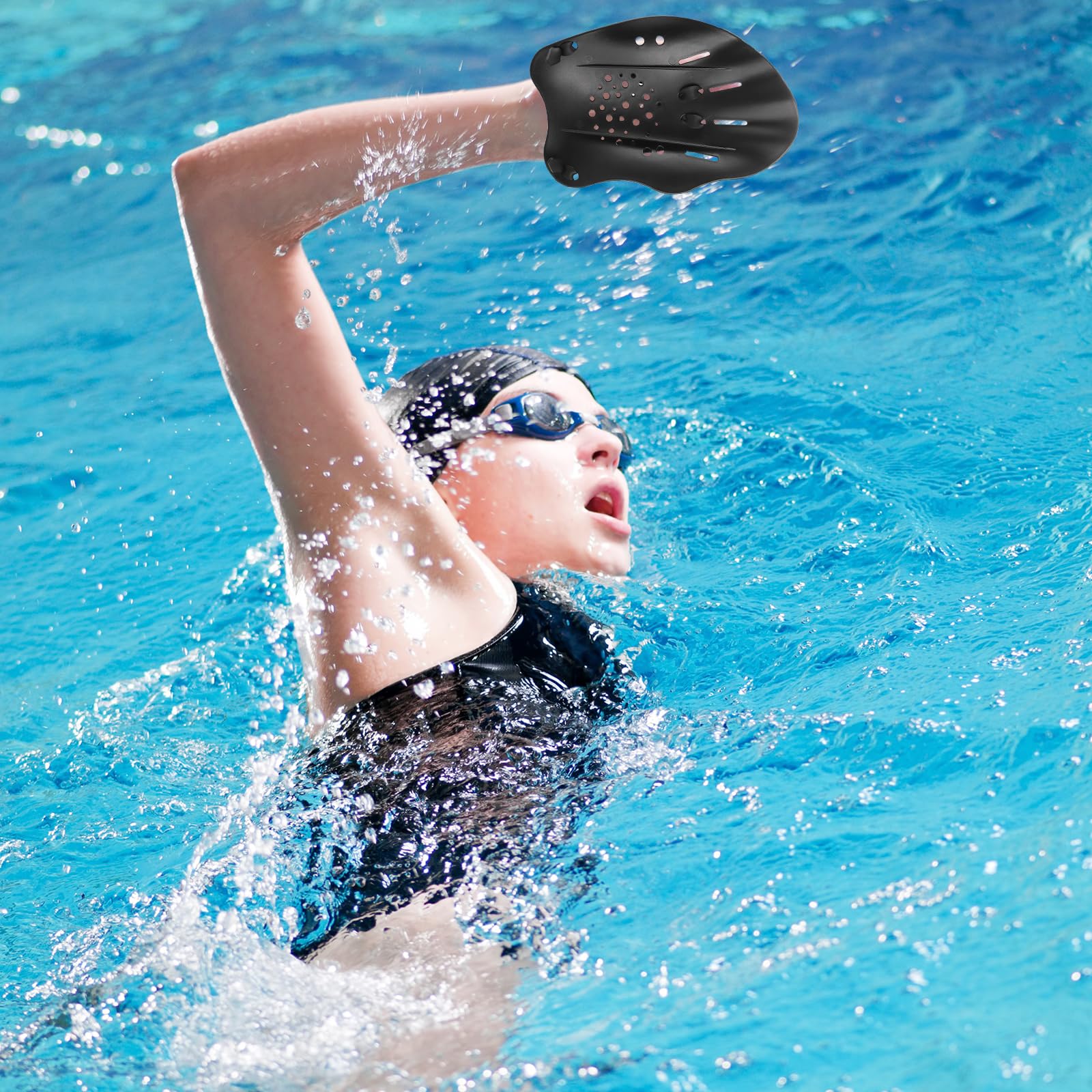 1 paio di pagaie a mano per nuoto, pagaia con cinghie regolabili, pagaia a mano per nuoto piscina, strumento per l'allenamento della forza per adulti unisex (nero)
