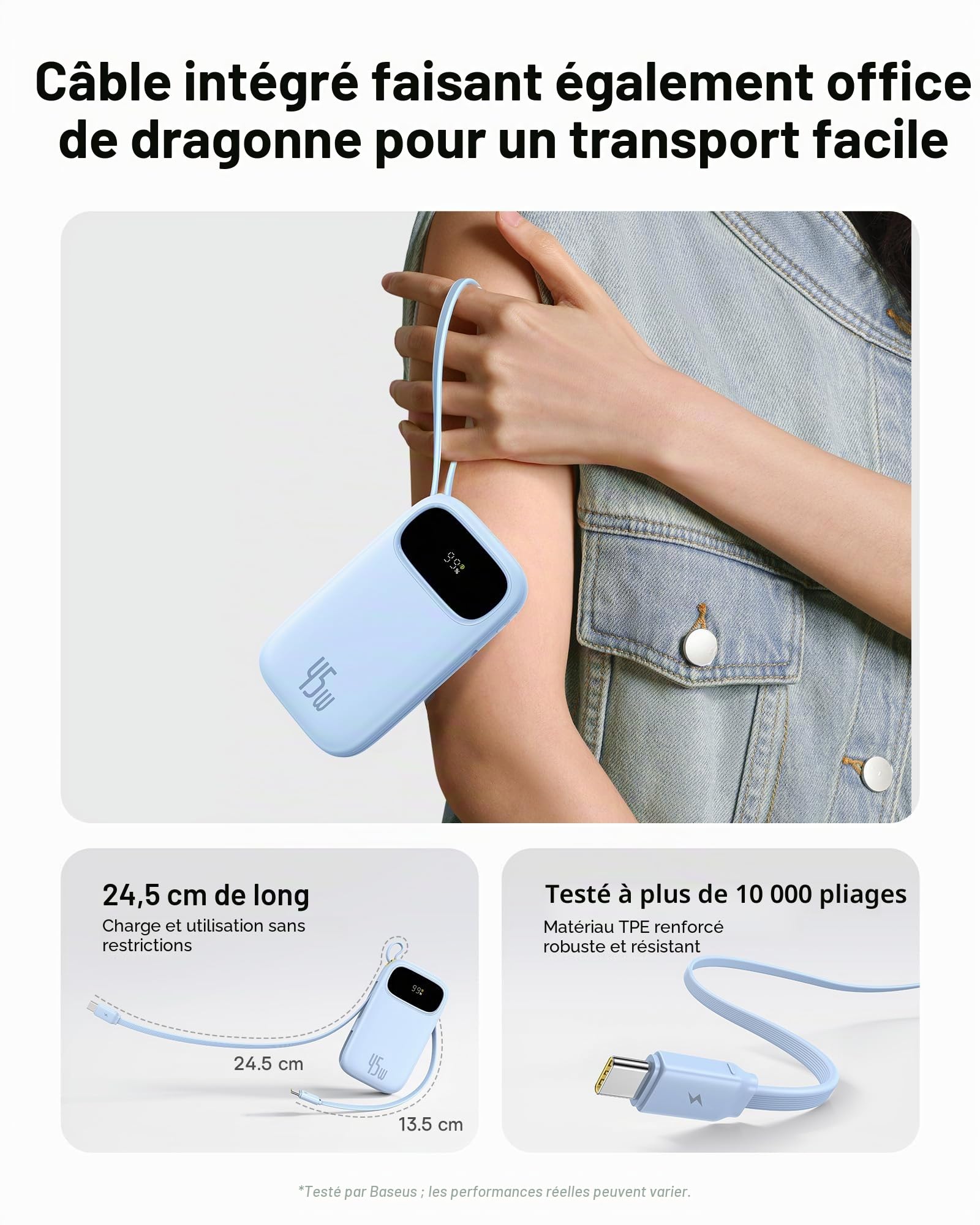 Baseus QPow3 Powerbank 45 W 20 000 mAh avec 2 câbles USB-C intégrés, batteries externes PD3.0 QC4.0, 3 C 1 A, Power Bank pour iPhone 16/15/14 Pro Max, iPad, Samsung, bleu