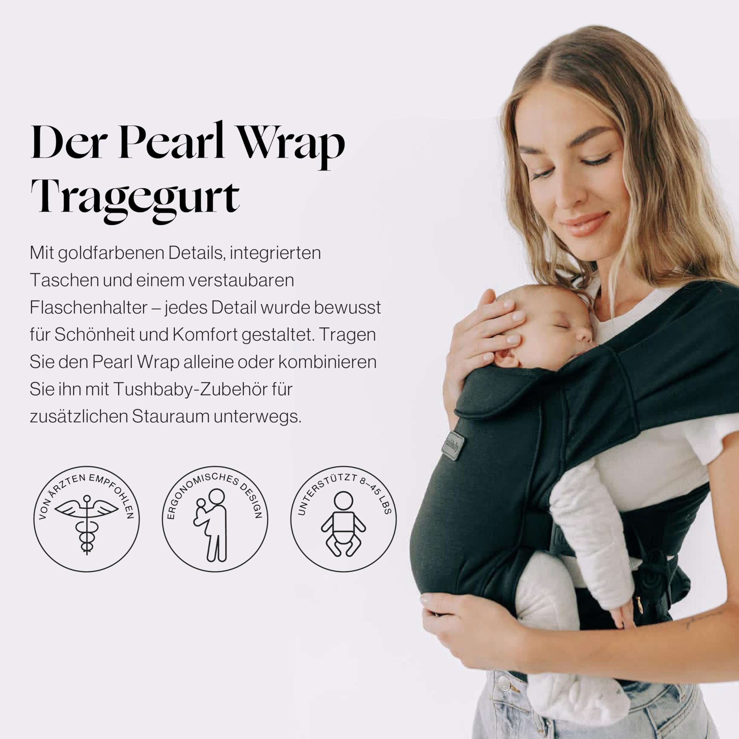 Tushbaby Pearl Babytrage für Neugeborene ab Geburt, 3,6-9 kg, Schwarz | Ergonomische Trage für Baby und Neugeborenes mit Stauraum, Flaschenhalter und Tuchbefestigung, verstellbare Gurte