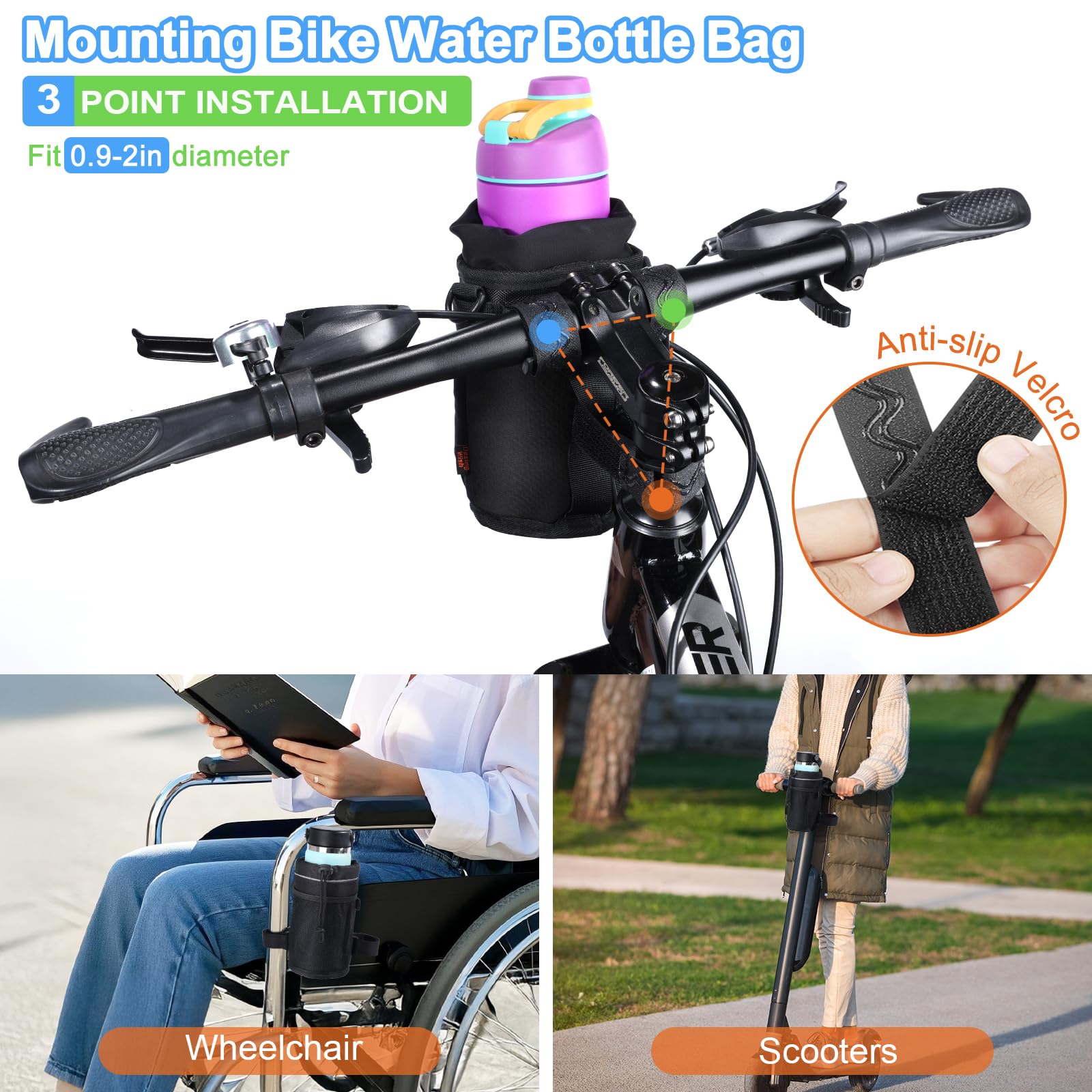 Porte 12-24oz Gourde Velo Sans Vis Bidon Porte Velo avec Poche en Maille et Bandoulière Porte Gourde VTT pour Bouteille de Vélo Guidon Poussette Scooters Randonnée Fauteuil Roulant