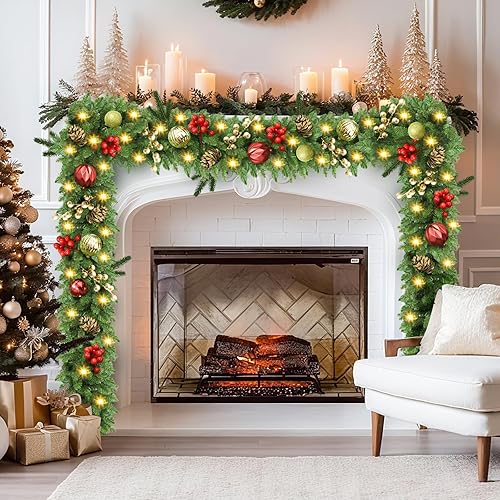 Miniatura 5 de Guirnalda de Navidad con luces, navideña, preiluminada, de 9 pies, funciona con pilas, corona con piñas, bayas rojas, artificial, para mantel,