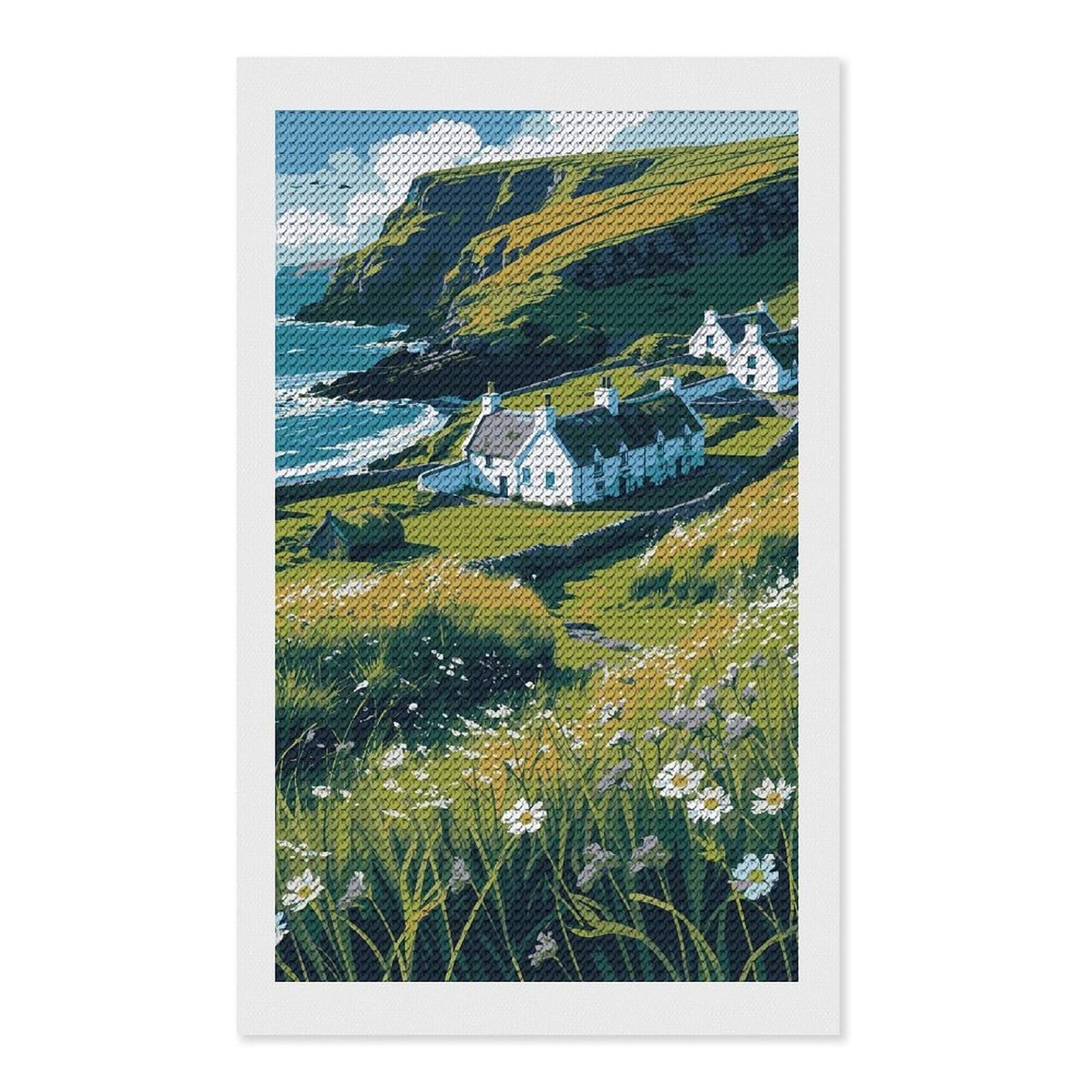 Junmoney Coastal Village Landscape with White Cottages Diamond Painting Set 12"x20", Sparkling Round Gems, Decorate Your Room, Fun Craft Experience, Modern Decor
