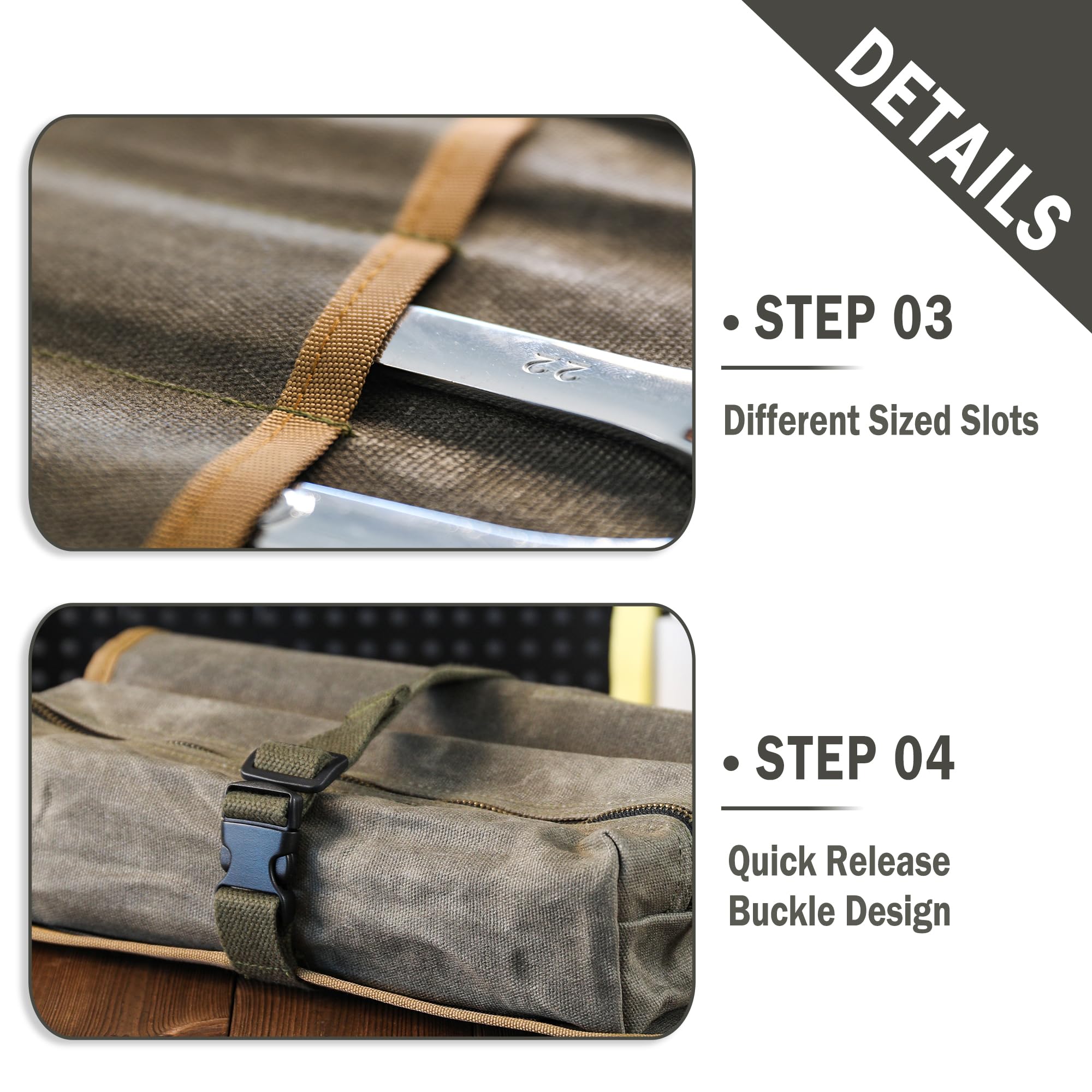 Rouleau d'outils en toile cirée, robuste de 453,6 g – avec 13 emplacements à outils + 2 poches zippées – Vert kaki, organiseur de clés enroulable portable pour artisans, entrepreneurs, réparateurs,