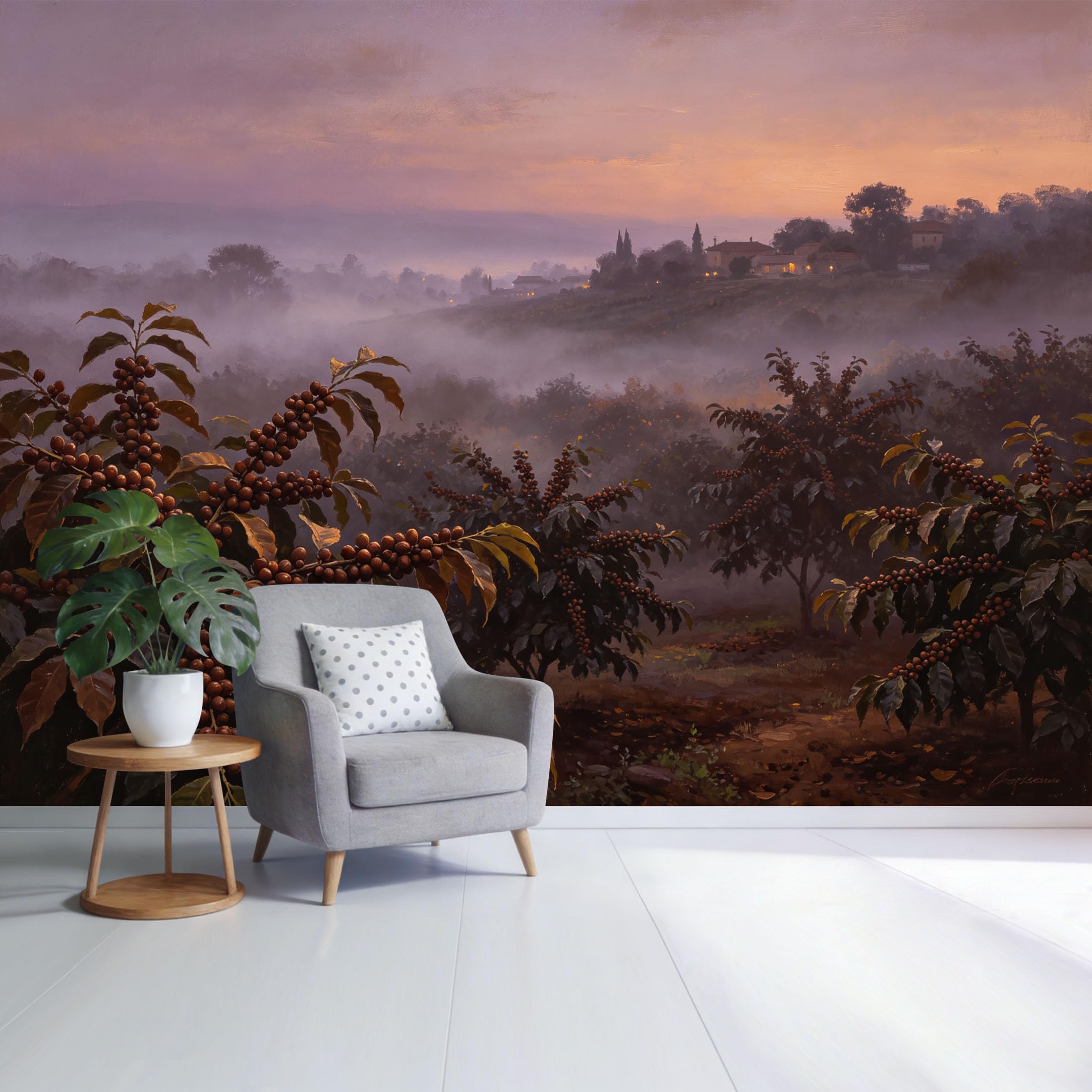 Custom Size Wall Mural Misty Mountain Coffee Farm Landscape Sunrise Fog Botanical Oil Painting Style SelfAdhesive Wall Fabric Removable Wallpaper for Home Office Decor