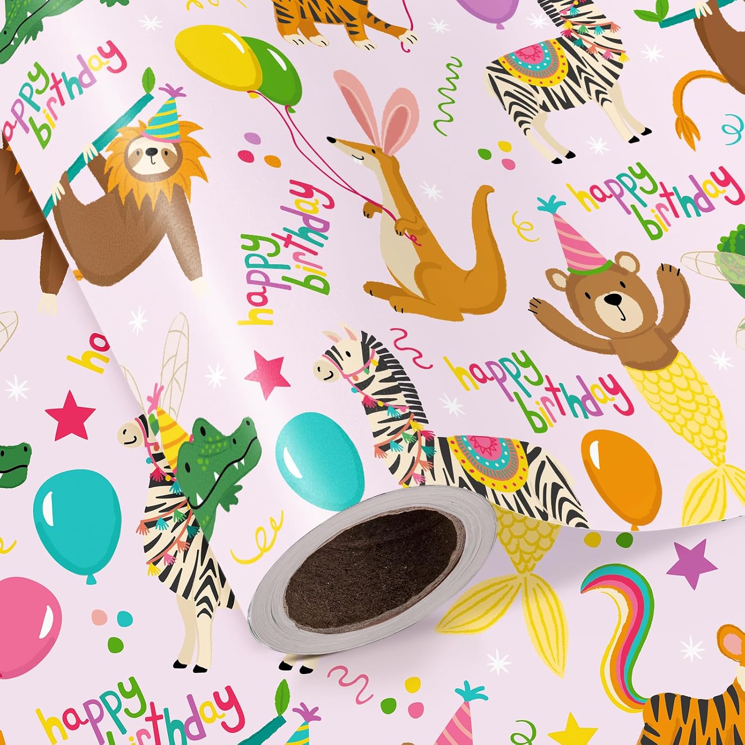 WRAPAHOLIC Kids Birthday Wrapping Paper Roll - Mini Roll - 17 Inch x 16.5 Feet - Cute Birthday Animal Party Theme Pink Wrapping Paper for Kids Girls, Baby Shower, School Celebration