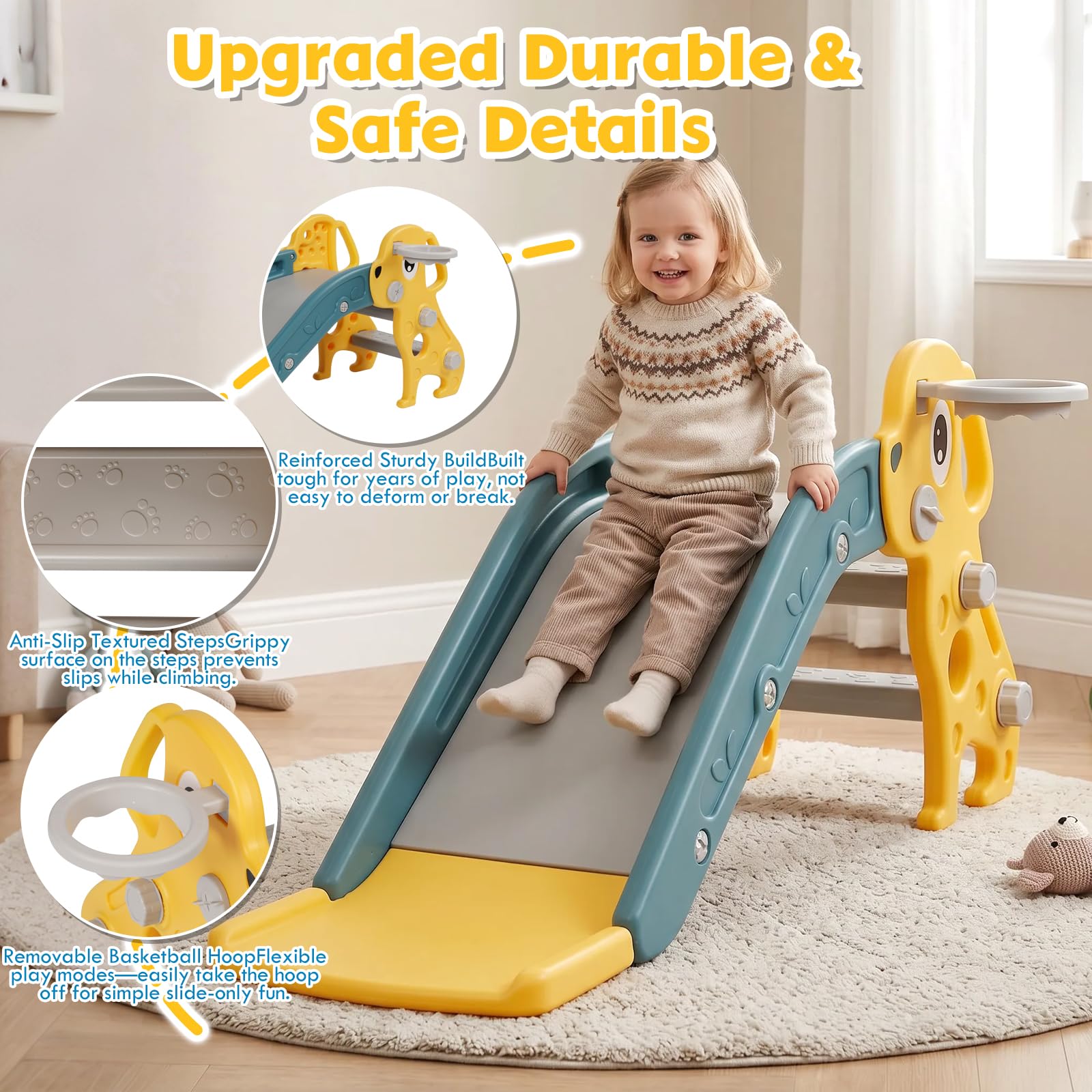 Tobogán Infantil 3 En 1 Tobogán para Niños De 3 Años con Escalera Antideslizante, Canasta De Baloncesto Y Pelota, Bordes Suaves Y Redondeados para Interior Y Jardín, Diseño De Perro, Color Amarillo