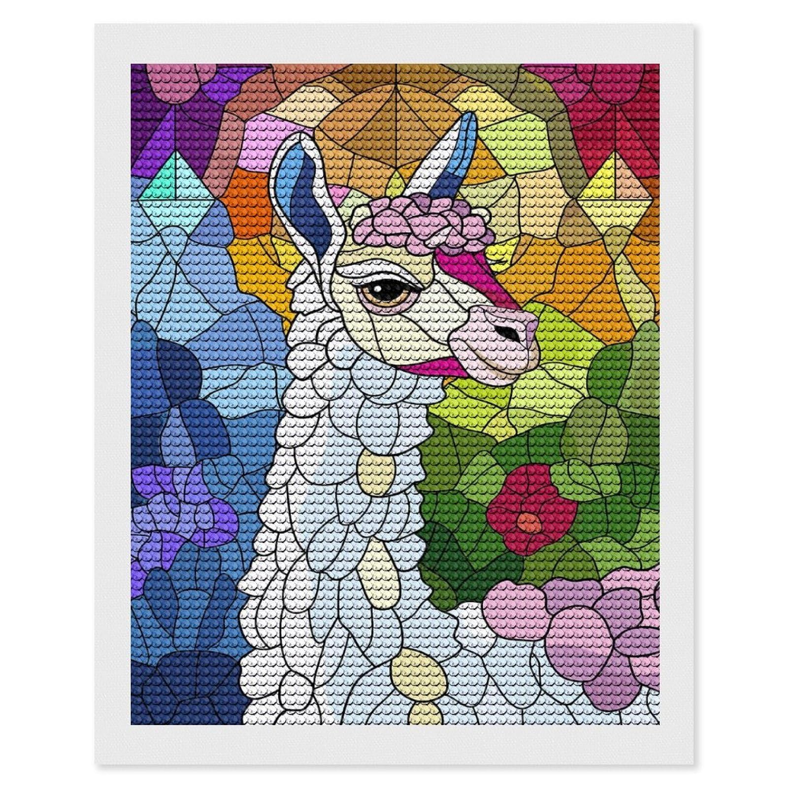 Junmoney Stained Glass Llama with Flowers Diamond Art Canvas 16"x20", for Teens, Nice Detail and Sparkle, Farmhouse Decor, Festive Craft Gift, Easy to Enjoy