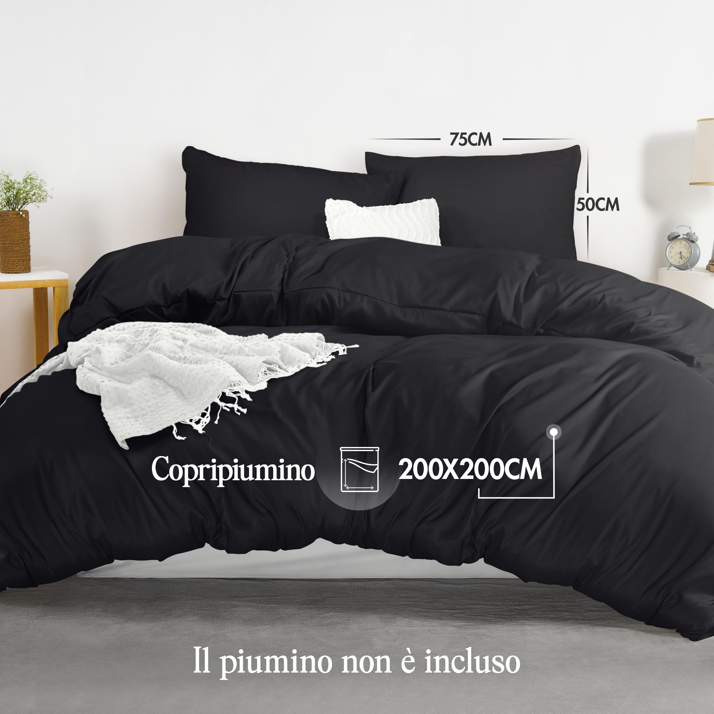 Utopia Bedding Copripiumino Una Piazza e Mezza - Microfibra Copripiumino 200x200cm + Federe 50x75cm - Nero