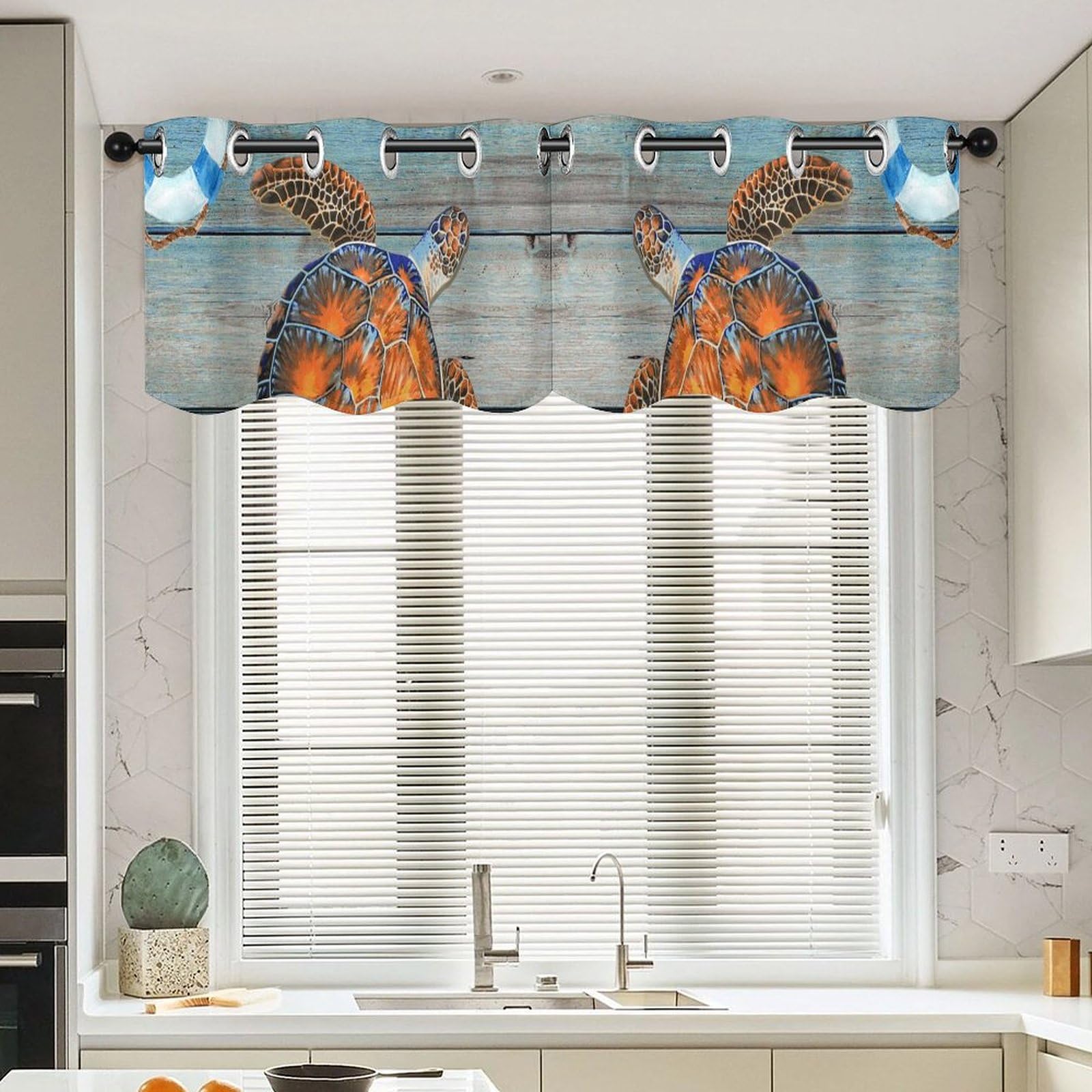 Rideau tortue de mer vintage 2 panneaux pour petite fenêtre de cuisine 132x45 cm