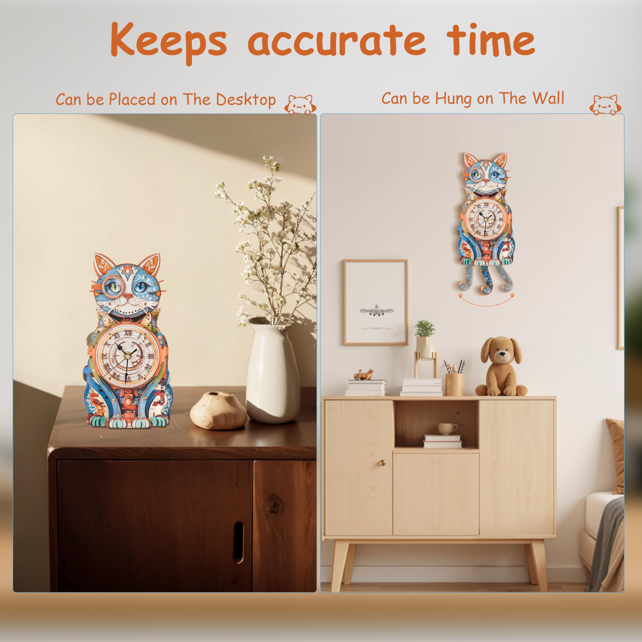 Puzzle in legno 3D per adulti Modello Kit Detective Cat Clock, Kit di costruzione di modelli meccanici Hobby fai da te per donne uomini, orologio da parete vintage puzzle amante dei gatti regali per