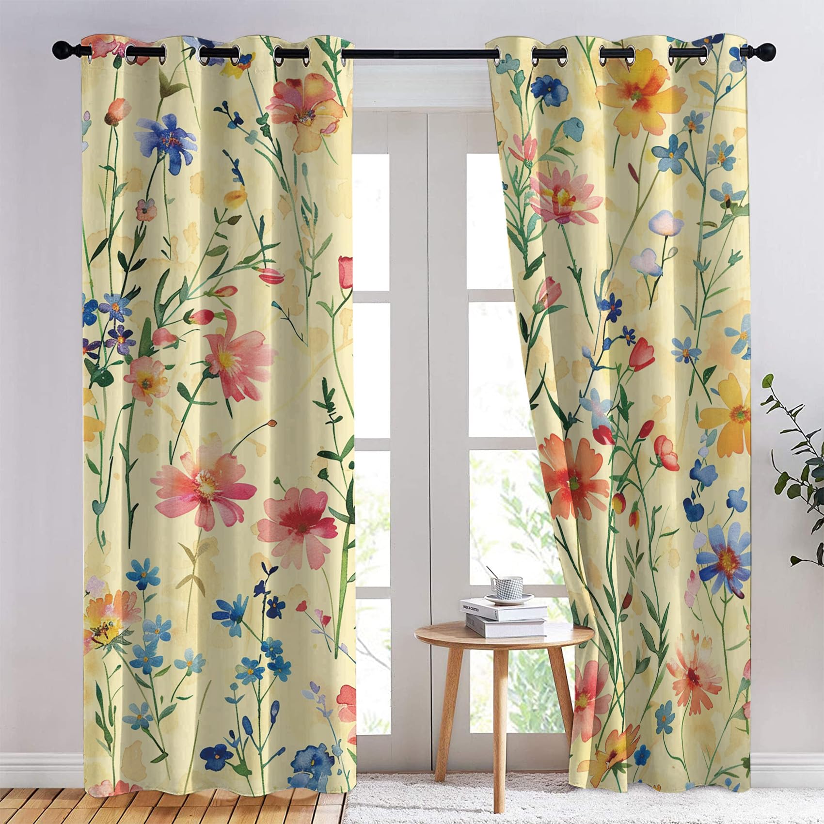 Rideaux Occultant Fleurs Sauvage, Rideau Isolant Thermique pour Salon Chambre, Rideaux Motif Floral Botanique, Lot de 2 Rideaux Opaque à Oeillets 140x240cm LxH