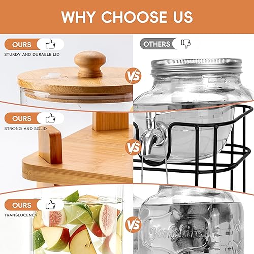 Miniatura 5 de Paquete de 2 dispensadores de bebidas de vidrio de 1.5 galones, dispensador de bebidas para suministros de fiesta con soporte de madera,