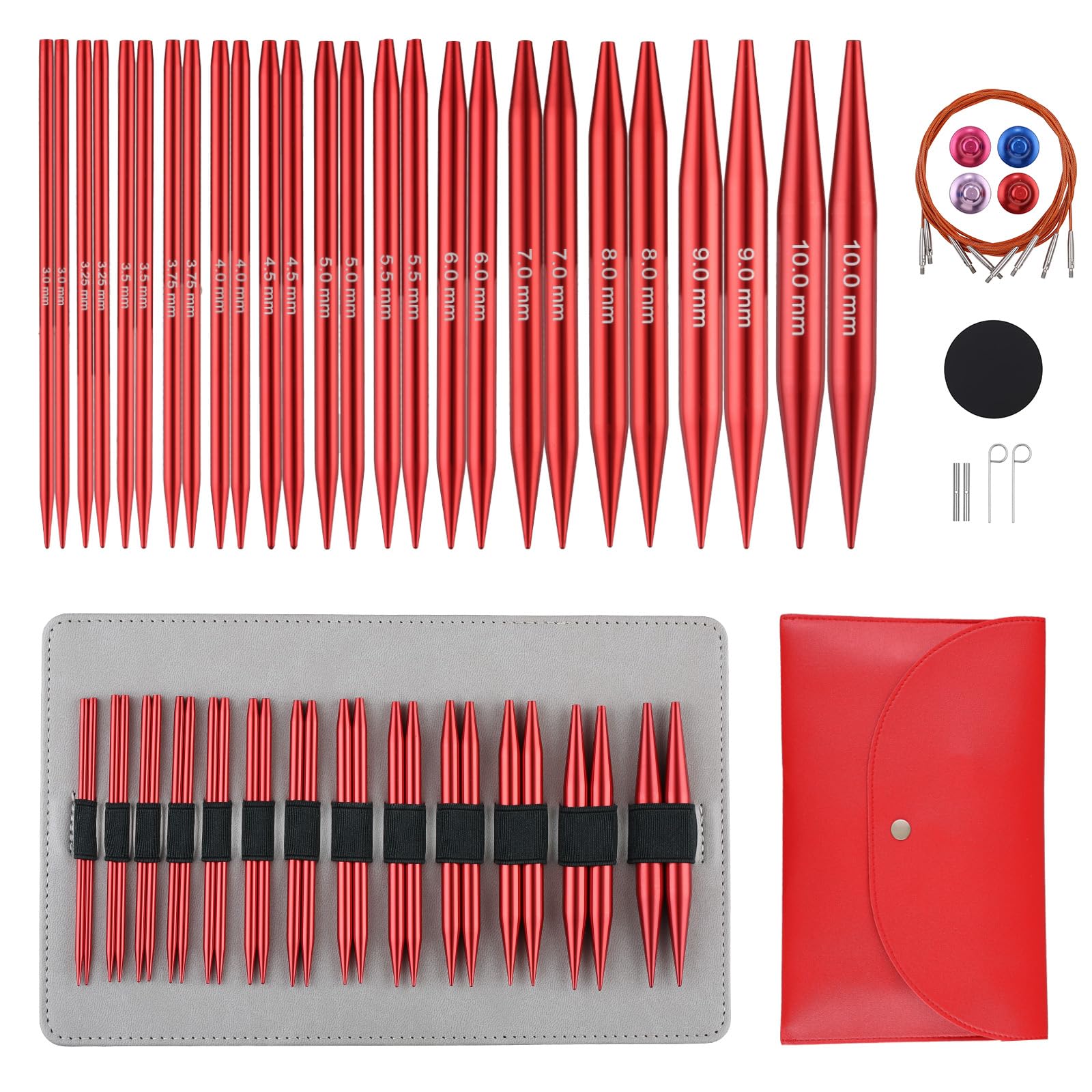 Guclud Interchangeable Circular Knitting Needles Set 4-Inch | US 2.5-15 (3.0-10.0mm) | 13-Pair of Metal Circular Needles | 4 Cables (16", 24", 32",