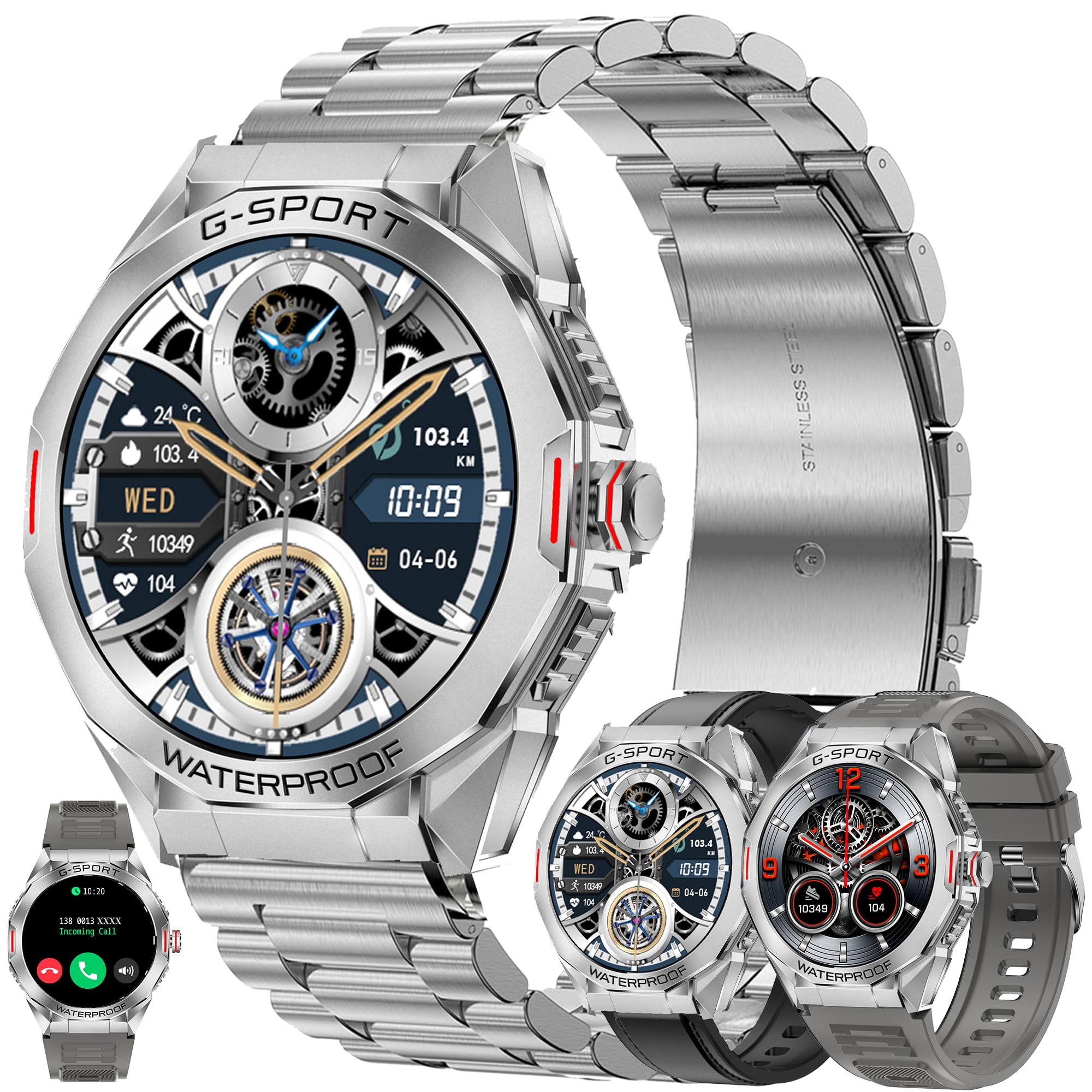 Reloj Inteligente Hombre con Llamadas, 1,46” AMOLED 5ATM Smartwatch Deportivo con Podometro Pulsometro SpO2 Sueño Presion Arterial Pulsera Actividad 5ATM Reloj para iOS Android, 3 Correas (plateado)