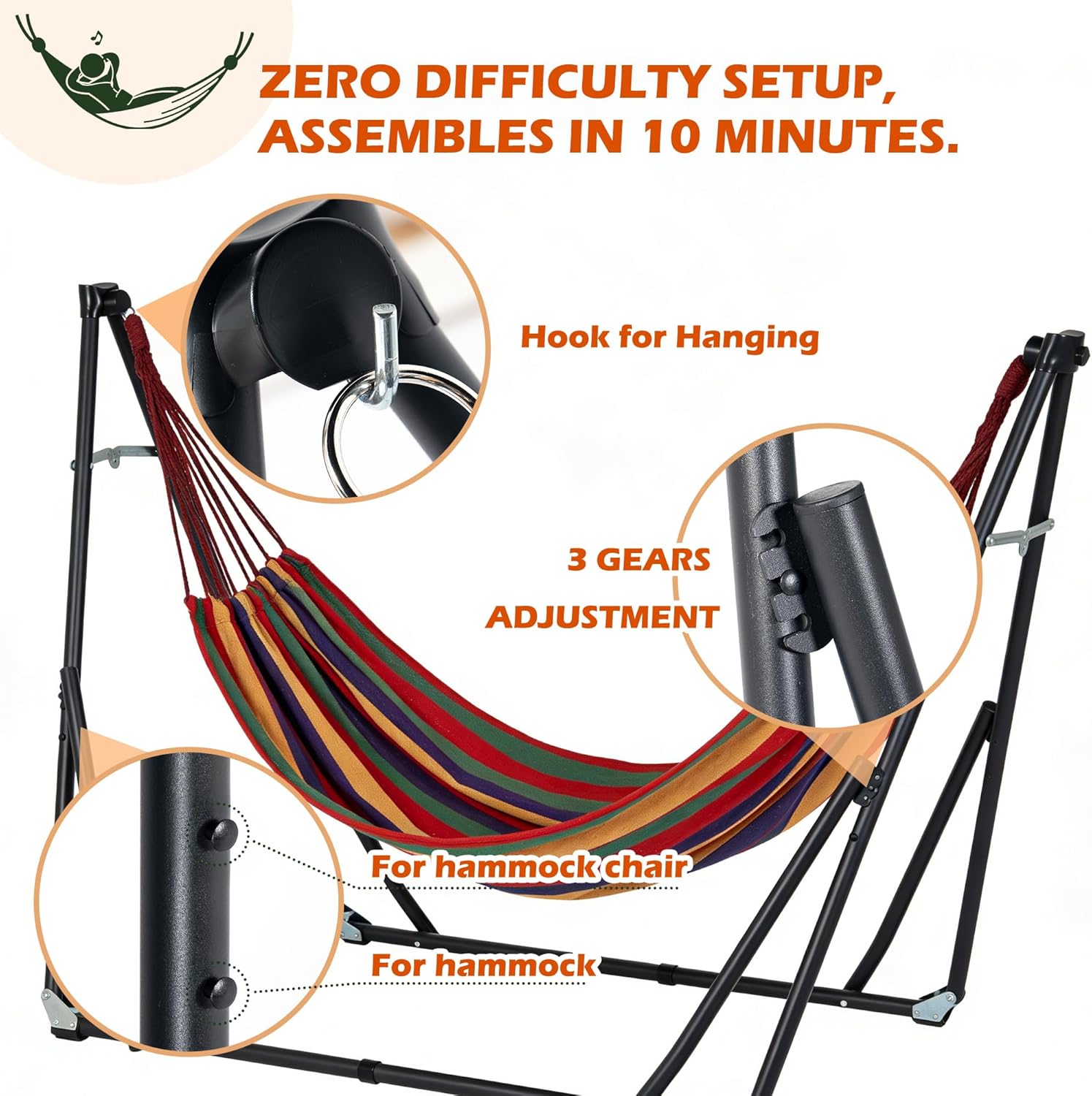 SogesPower 2 in 1 Hammock with Foldable Steel Stand & Carrying Bag,Portable Hammock Swinging Chair for Outdoor Patio Garden Camping Apartment,Color Stripes
