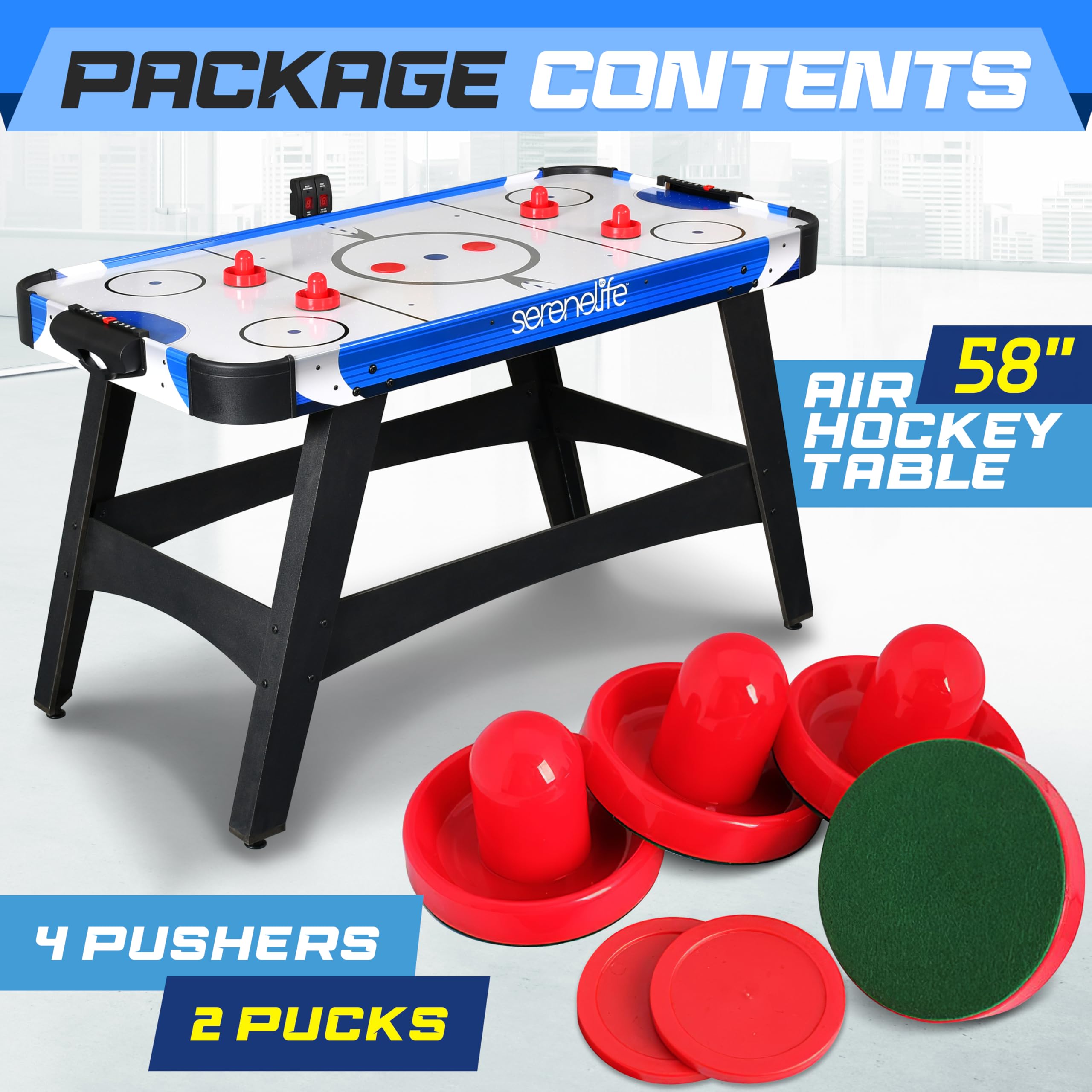 SereneLife Powered Air Hockey Table, 4,5 ft 54'' Sports Arcade Games, with Complete Accessories, Digital LED Scoreboard, wbudowany w Score Tracker, idealny dla dorosłych i dzieci, pokój gier domowych