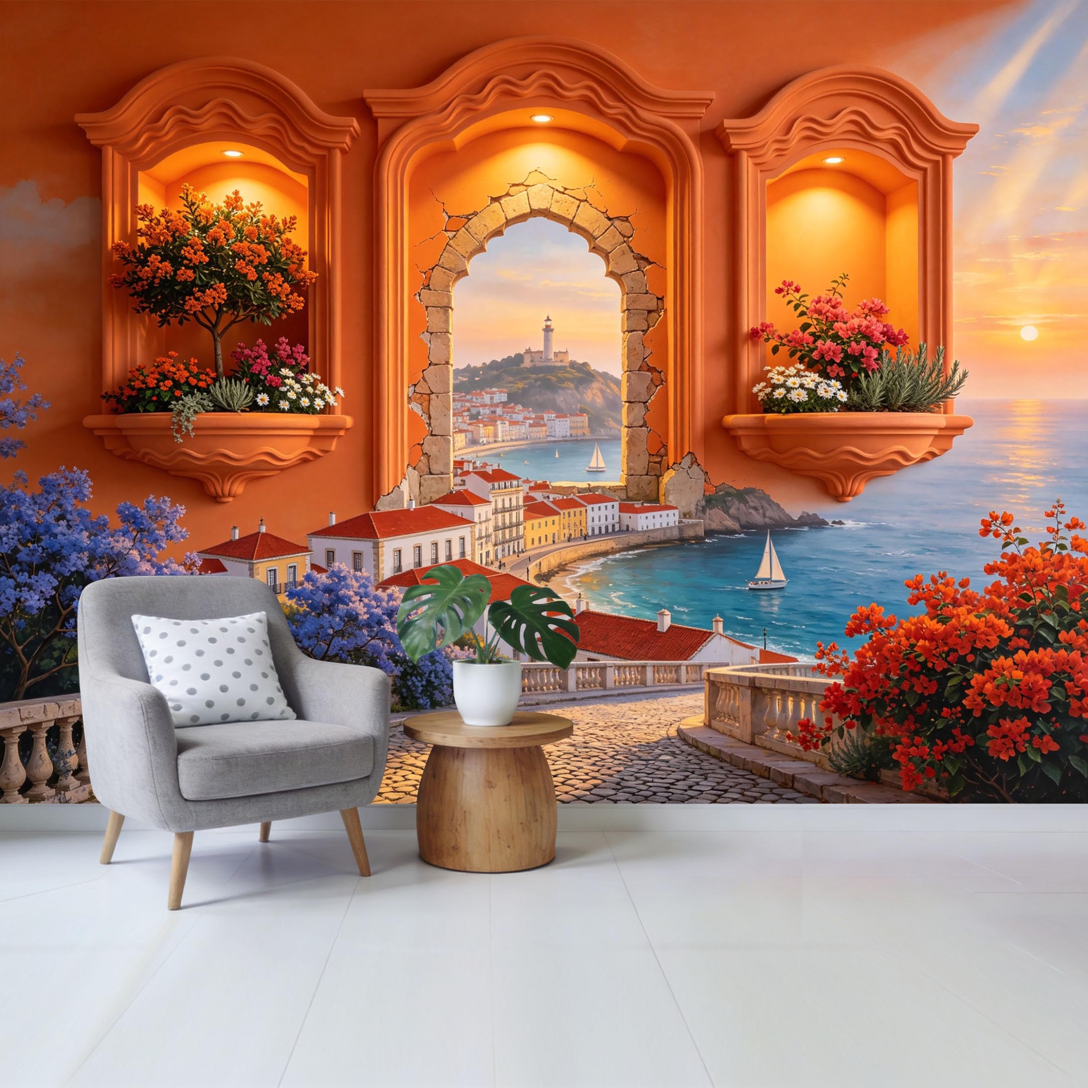 Removable Self Adhesive Fabric Mural， Mediterranean Coastal Landscape Custom Size Wall Covering， UV Protected Waterproof Washable Wall Decor for Living Room Bedroom Bathroom