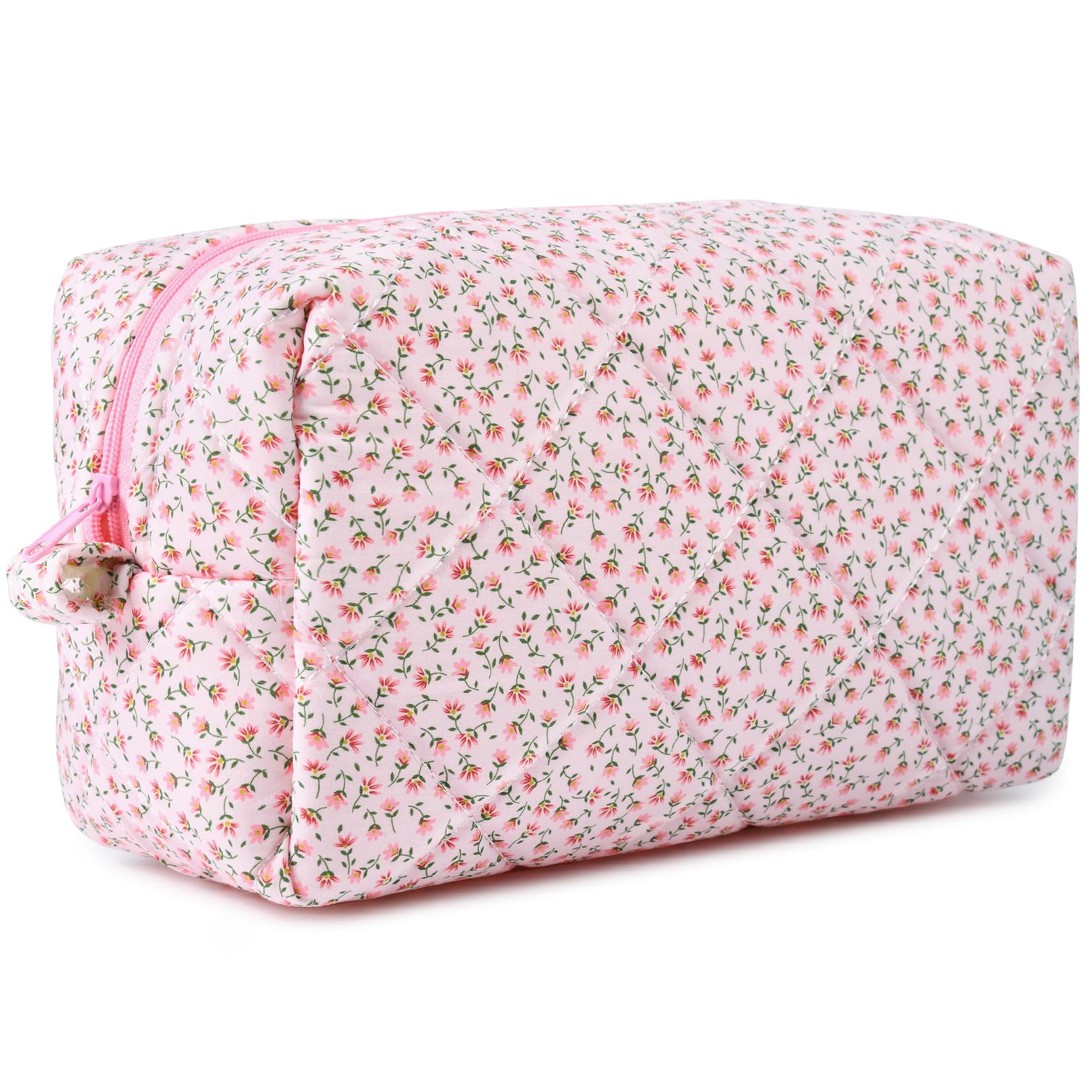 SOIDRAMQuilted Makeup Bag Floral Cosmetic Bag Puffy Coquette Makeup pouch Aesthetic Cute Pink Large Travel Toiletry Bag Organizer cotton Makeup Brushes Storage Bag for Women