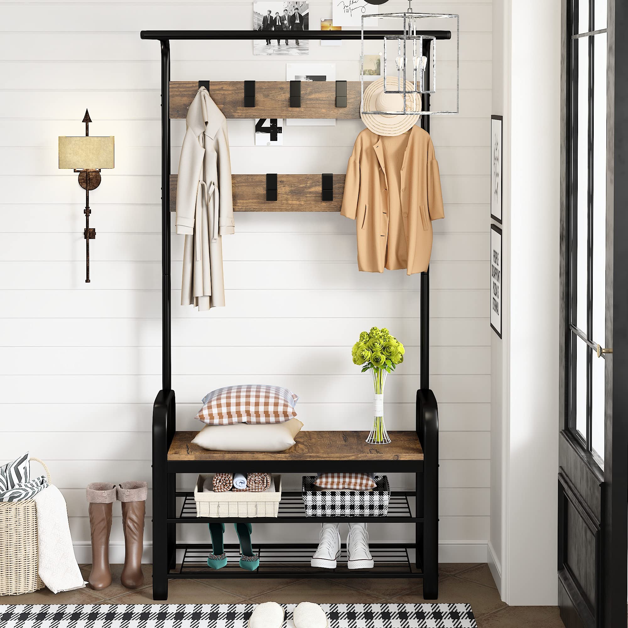 Allewie Coat Rack Entryway Shoe Bench, Entry Hall Tree with 3Tier