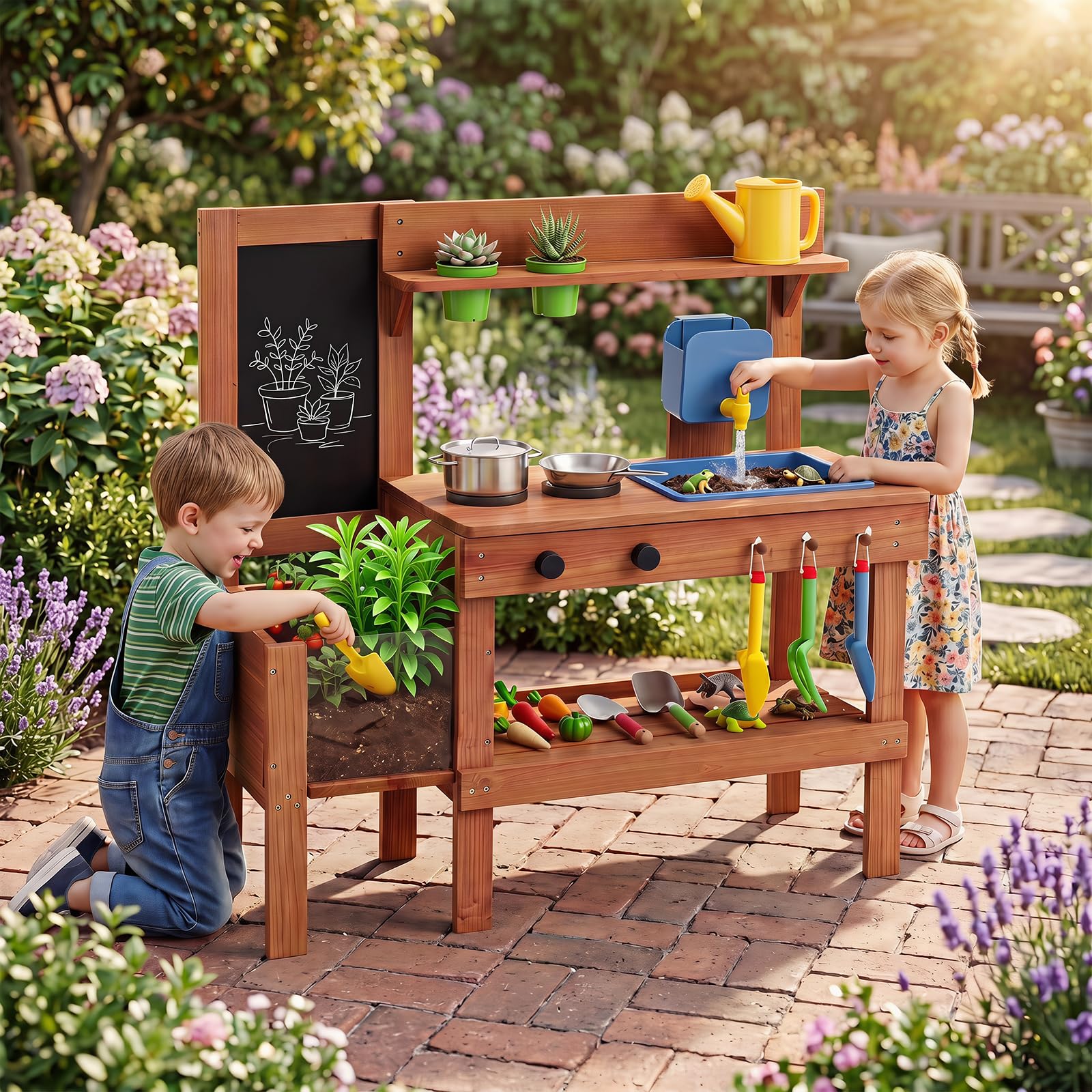 COSTWAY Cucina Giocattolo per Bambini, in Legno, per Bambini 3+ Anni | Cucinetta da Esterno con Fioriera, Lavagna, Rubinetto e Serbatoio, Cucina da Fango Interattiva con Accessori per Giardinaggi