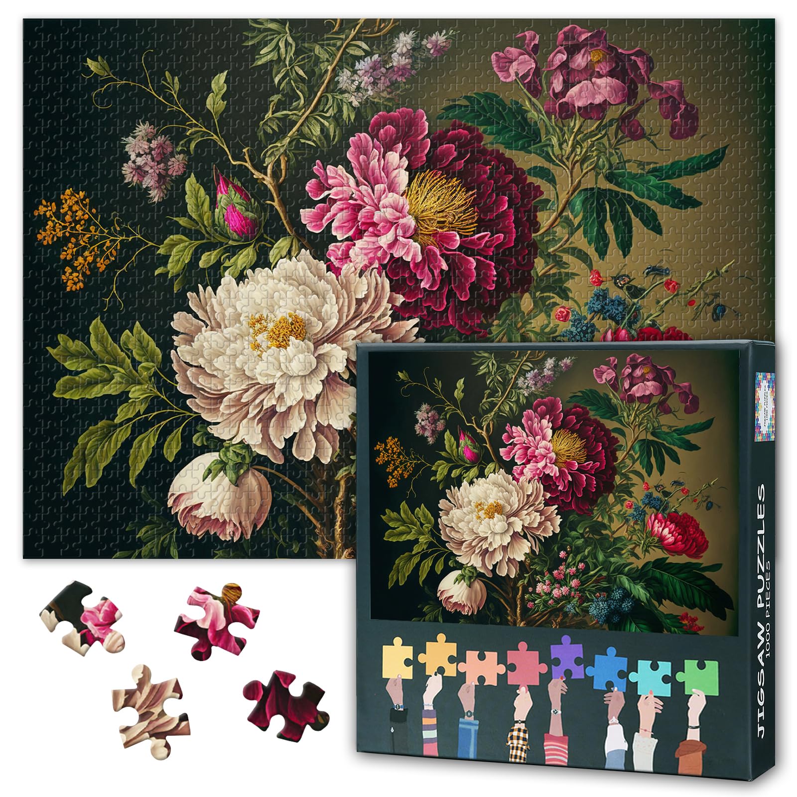 Puzzles for Adults 1000 Pieces - Retro Peonies Jigsaw Puzzles | Premium 1000 Piece Puzzle for Adults Colorful Flower Plants, Challenging Artwork for
