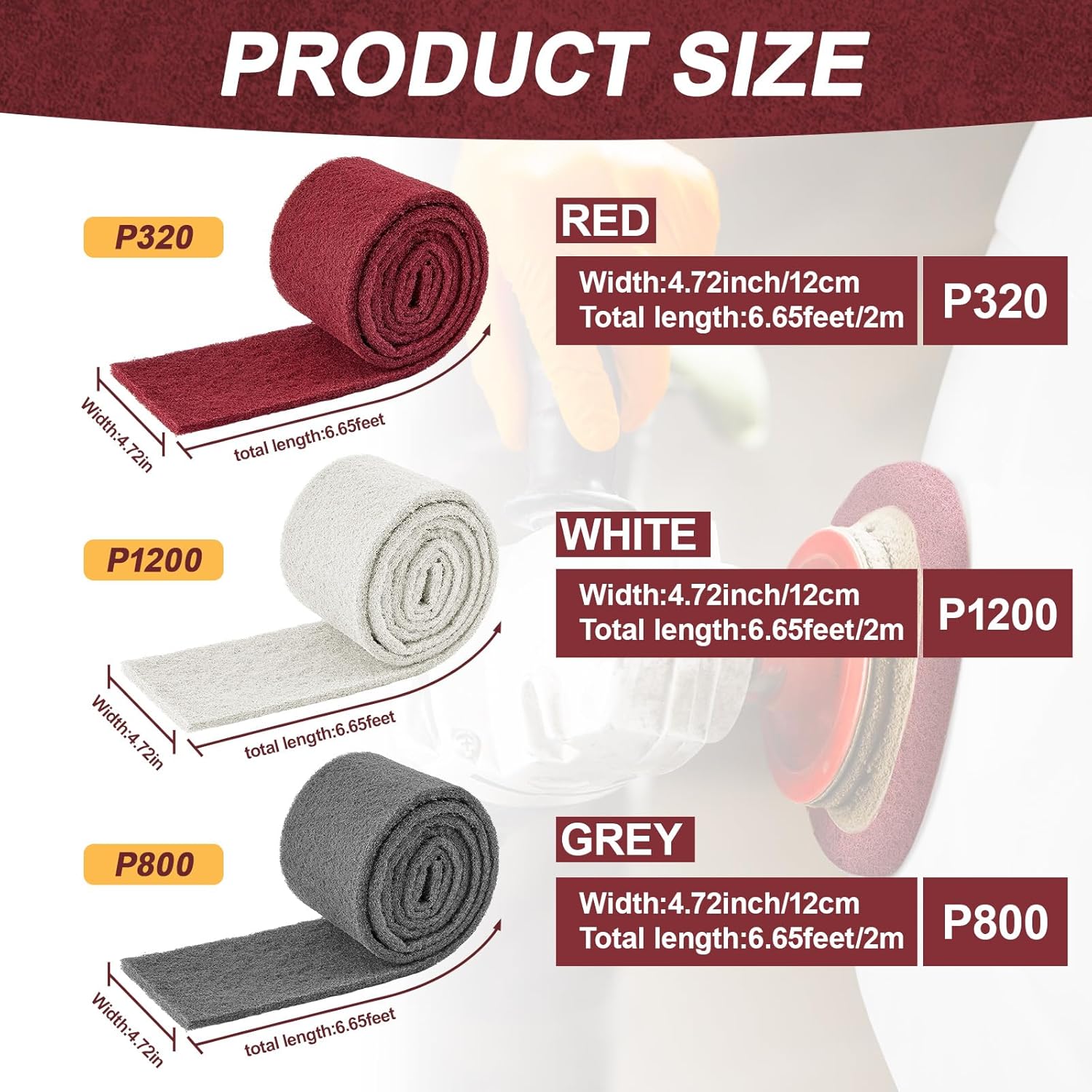 3 Rolls Industrial Scouring Pads 4.72" x 6.56 ft Scuff Pad for Scuffing, Scouring, Sanding, Cleaning, Blending, Paint Surface Prep Adhesion, Automotive Auto Body, Cuttable, Red White Gray