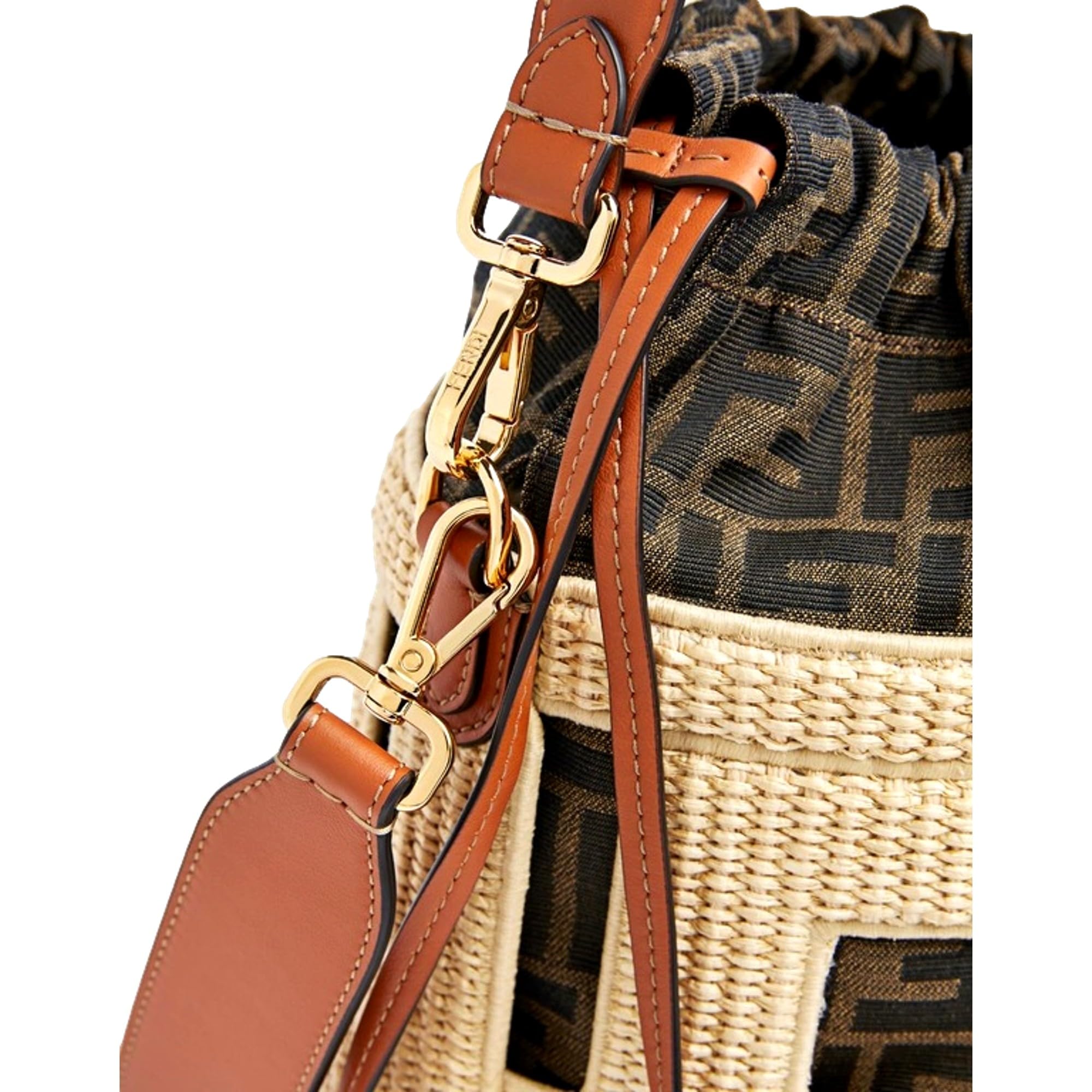 FENDI Bolsa de cubo Step Out, lona mediana y cuero, patrón tejido con