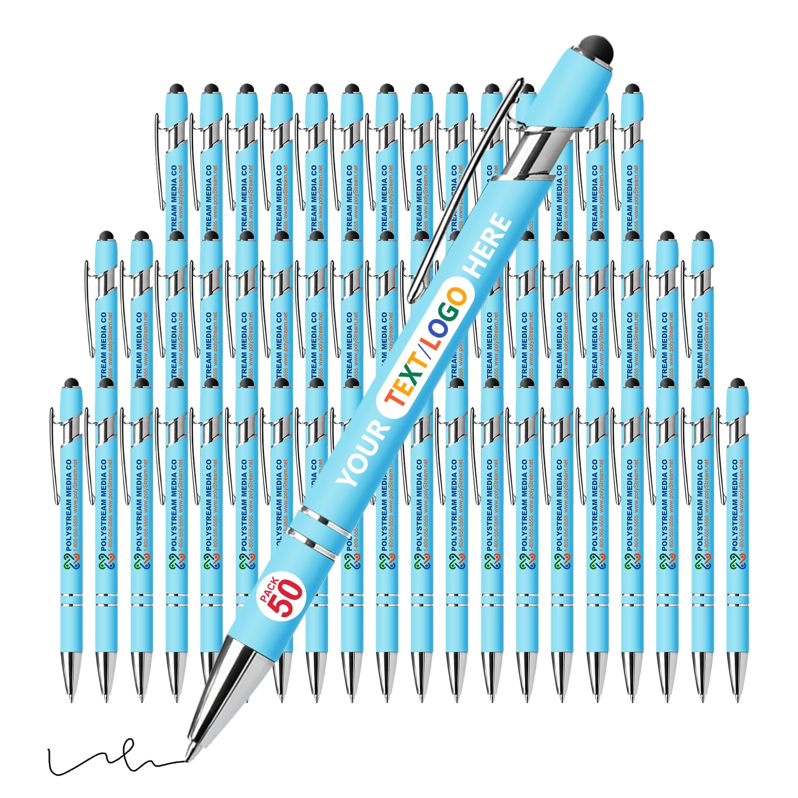 Vebermo 50 Pack Personalised Pens with Stylus | Custom Full-Color Logo/Name/Message | Black Ink Smooth Writing Touchscreen Pens | Ideal for Office, Teachers, Students & Corporate Events, LightBlue