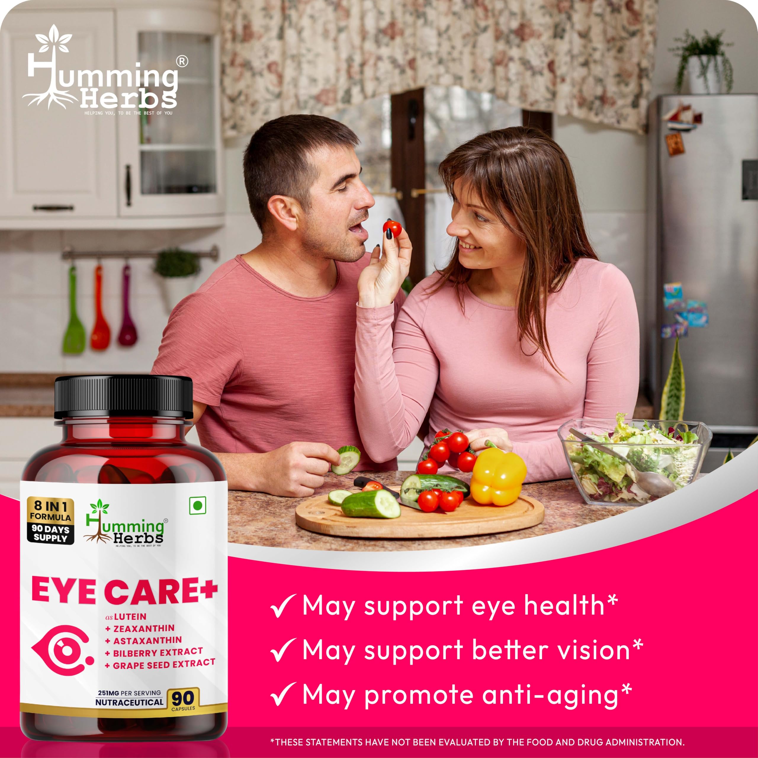 Humming Herbs Eye Care+ Supplement 8-in-1 with Lutein Zeaxanthin Astaxanthin Bilberry Grape Seed Zinc Vitamin C & Beta-Carotene – Vision & Eye Health Support – 90 Veg Capsules — Amazon image 4