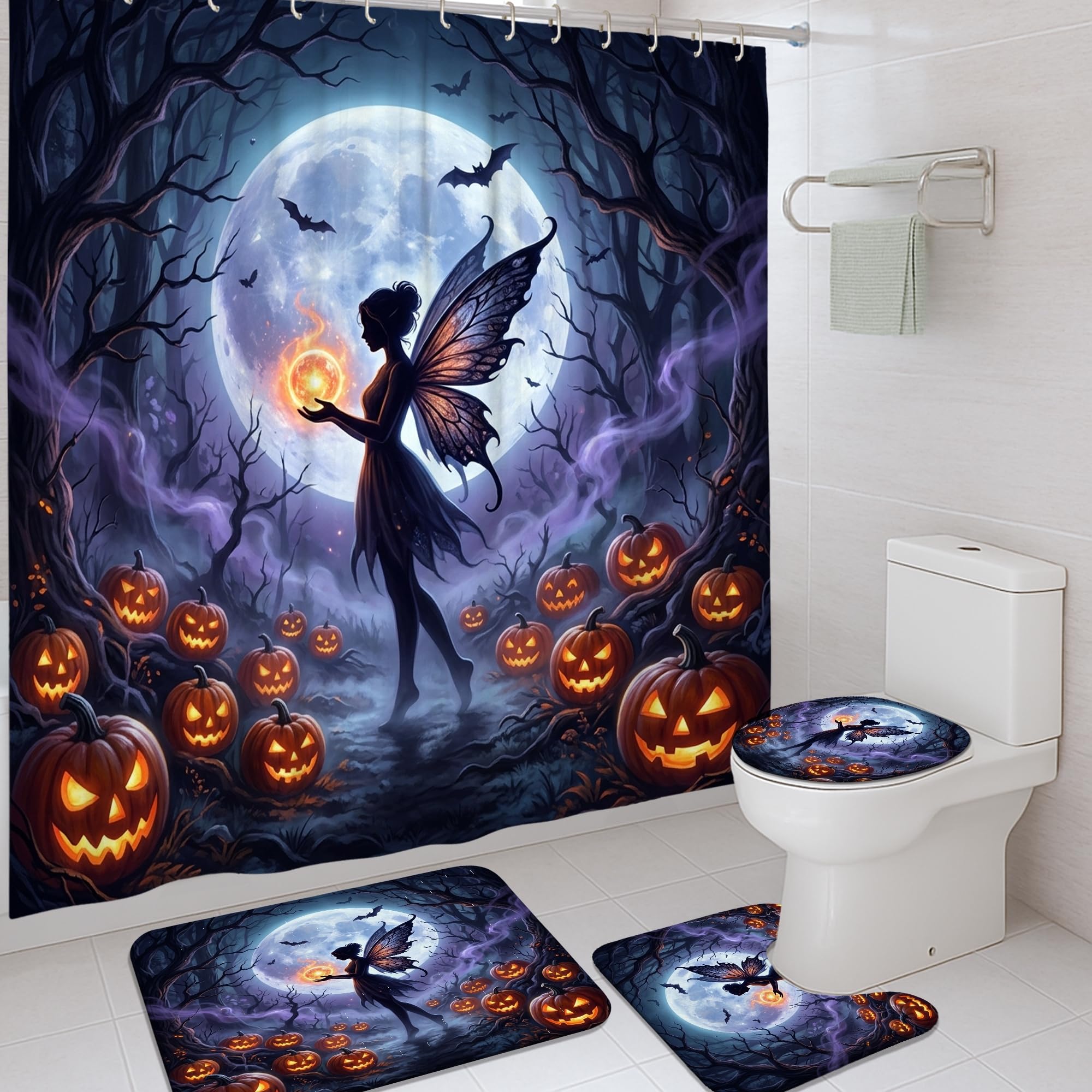 Rideau de douche fantaisie gothique 183x183 cm avec tapis de bain assorti