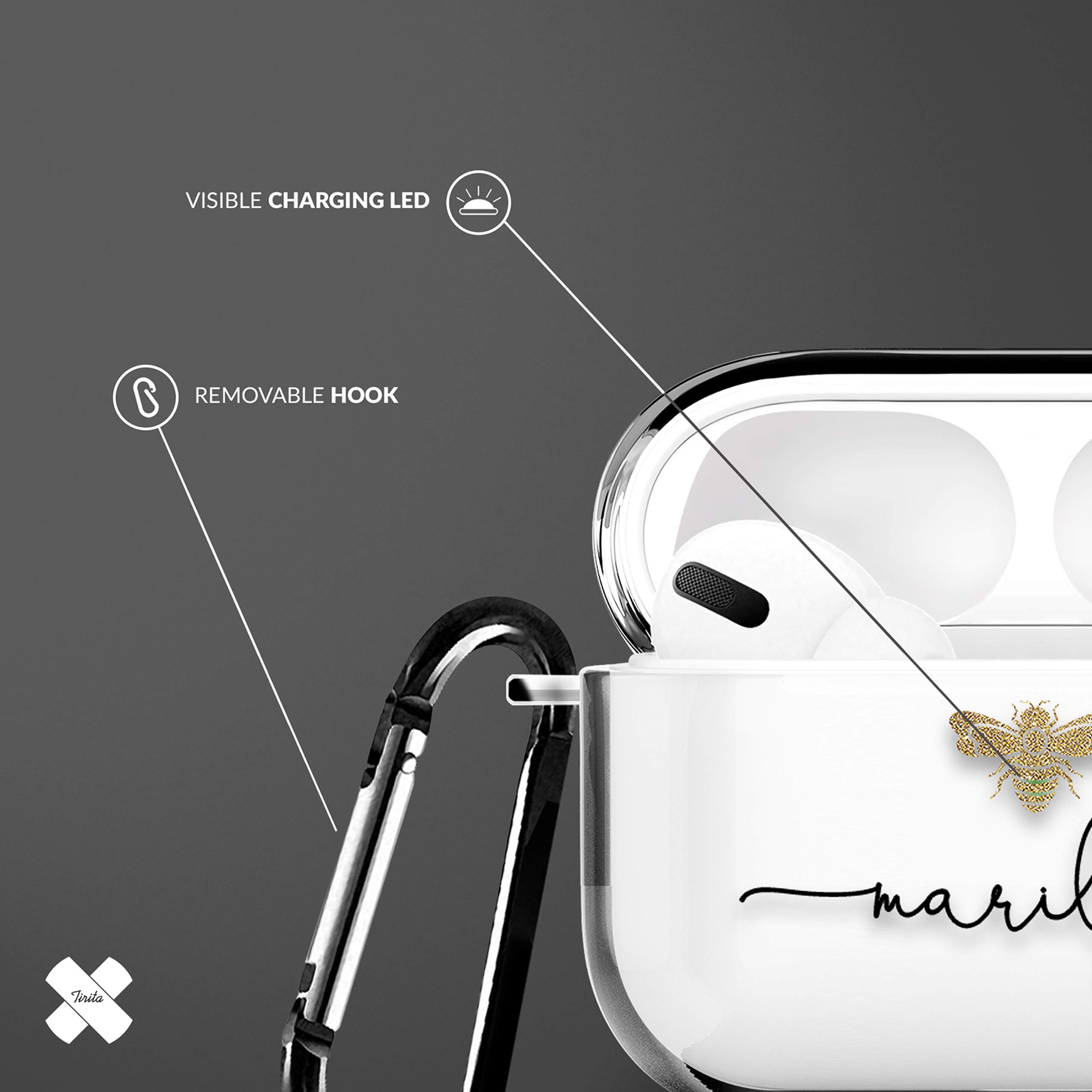 Tirita Personalised Custom Case Compatible with Apple AirPods 4th gen, Support Wireless Charging, with Carabiner, Front LED Visible [14- Golden Bee] — view 142