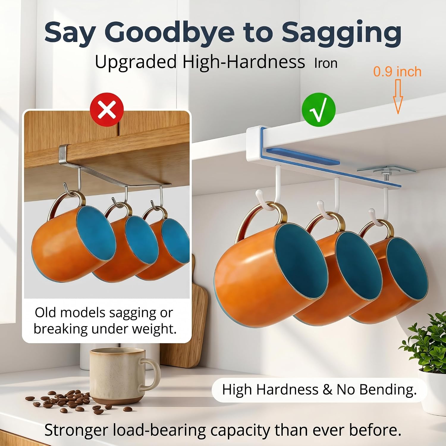 Under Cabinet Coffee Mug Holder, Clip-On Mug Rack with 3 Hooks for Flat Shelf, No Drill Cup Holder for Mugs & Utensils - Coffee Bar Accessories, Mug Holder for Kitchen-White